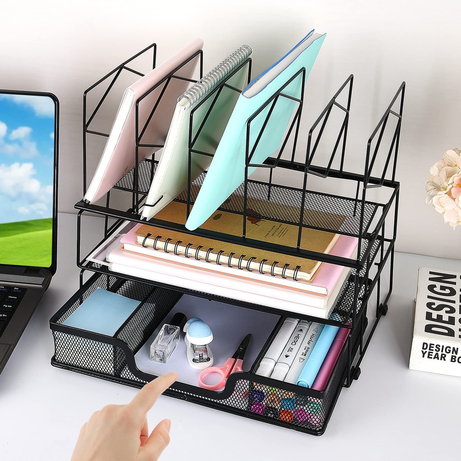 Gianotter Black Desk Organizer with Sliding Drawer, Double Tray & 5 Upright Sections - Office Supplies for Home & Office Workspace - Perfect for Organizing Pens, Papers, Files & Stationery