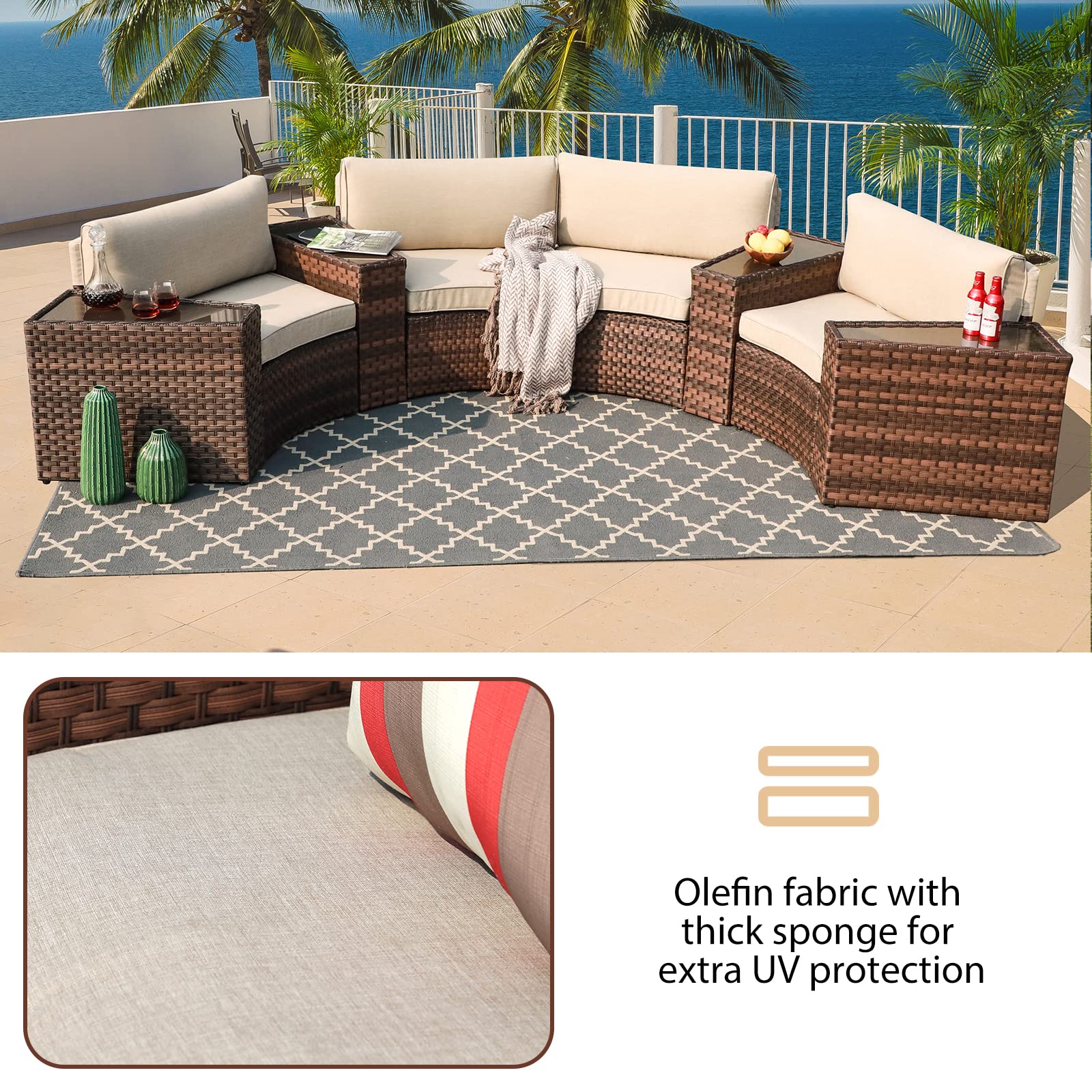 **SUNSITT 8-Piece Outdoor Patio Furniture Set - Half-Moon Curved PE Wicker Sectional Sofa with Beige Cushions, Brown Rattan Conversation Set for Garden, Poolside, Backyard & Patio Relaxation**