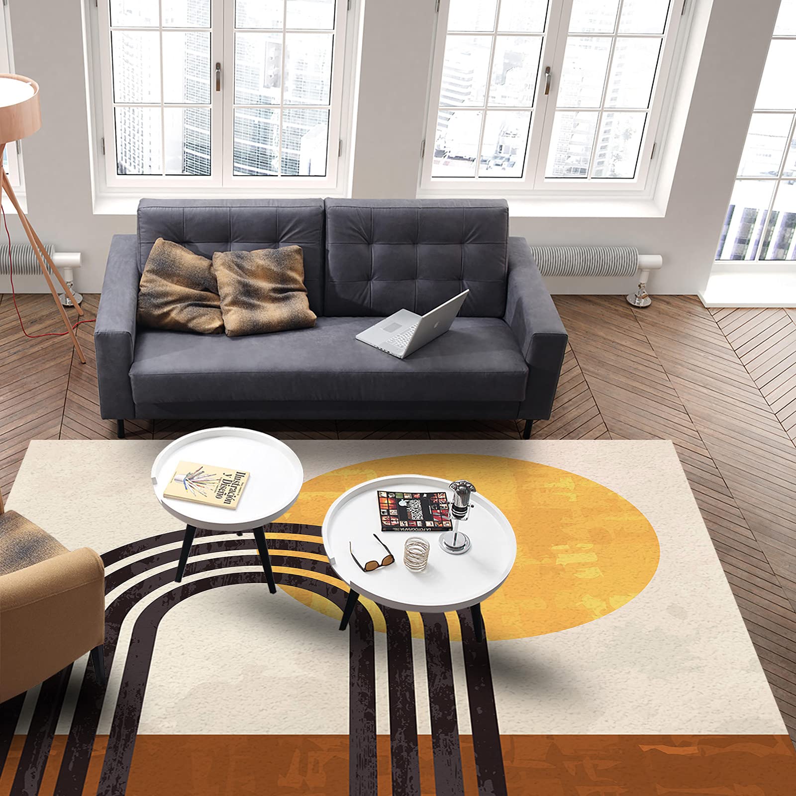4'x7' Abstract Minimalist Rainbow Sun Line Art Area Runner Rug - Washable Non-Slip Carpet for Living Room, Bedroom, Kitchen, Bathroom, Laundry Room & Classroom - Retro Brown Yellow Mid-Century Modern Design Home Decor