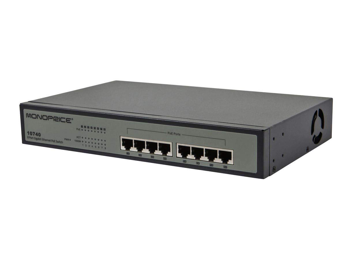Monoprice 8-Port Gigabit PoE Switch with 802.3af Support (110740) - Perfect for Home Office, Small Business & IP Camera Networks
