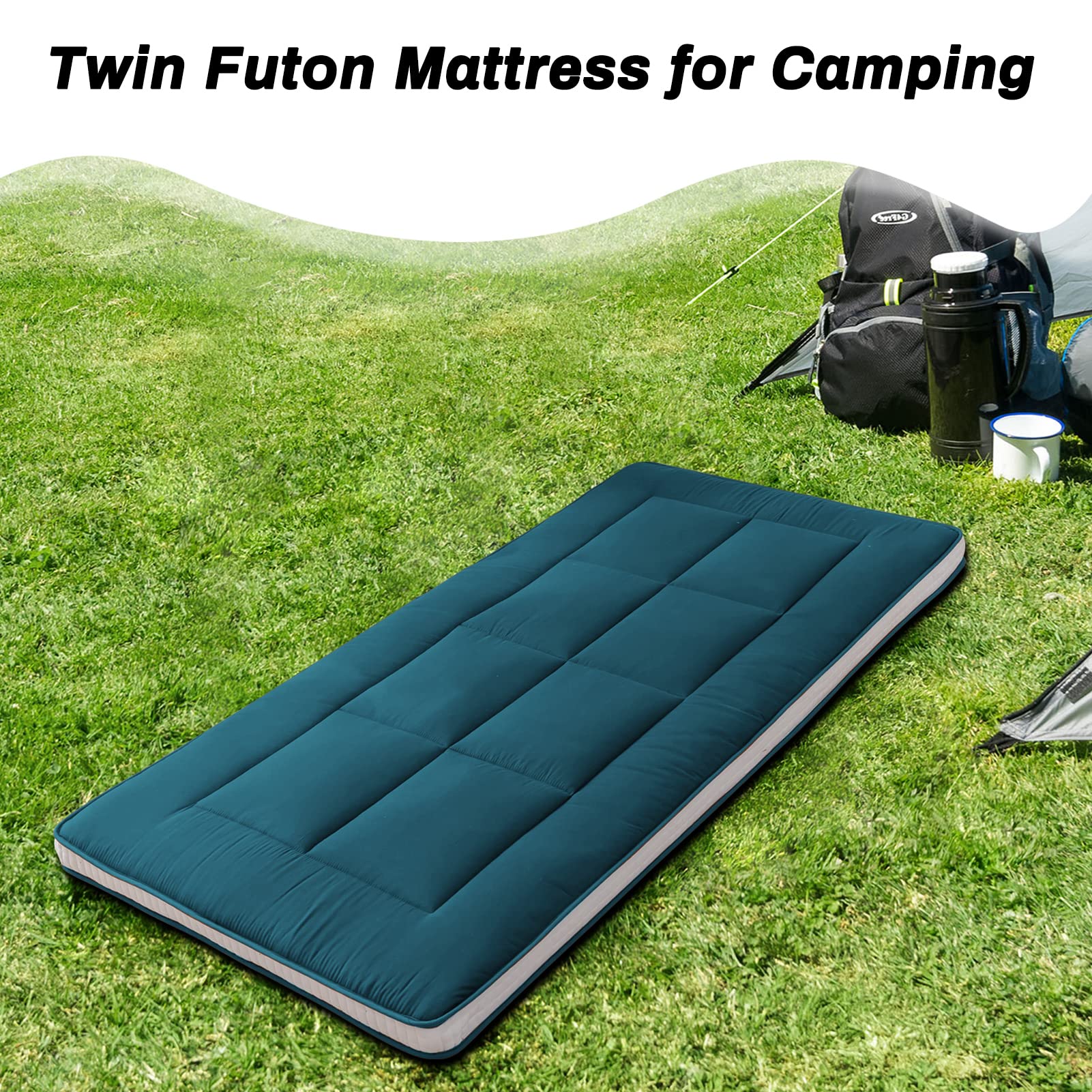 MAXYOYO Futon Mattress - Japanese Floor Sleeping Pad with Quilted Topper, Bluestone Blue | Foldable Floor Bed for Guest Room, Dorm, Camping & Yoga Mat Alternative