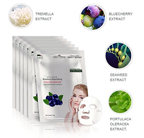 Blueberry Facial Mask with Natural Extract - Anti-Aging Sheet Mask for Fine Lines & Skin Repair | Hydrating & Nourishing Skincare for Women & Men | Pack of 6 | Perfect for Daily Routine, Spa Night & Travel