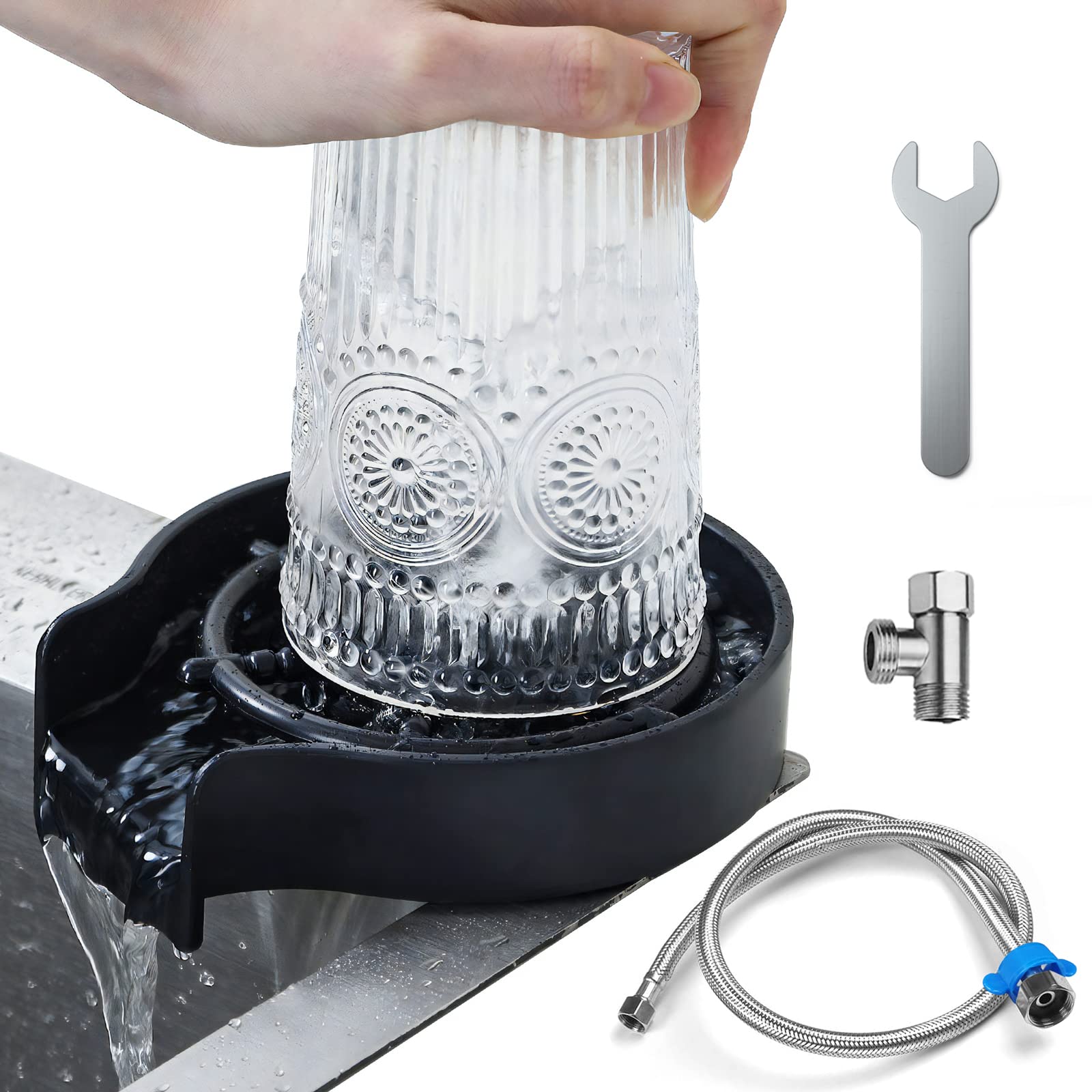 Bitmore Black Kitchen Sink Glass Rinser - Automatic Bottle & Cup Washer Sink Attachment | Bar Glass Cleaner Accessory | Perfect for Home Bars, Restaurants & Dishwashing Stations