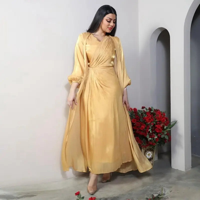 2 Piece Set Bright Satin Open Abaya Dress with Inner Sleeveless Dress - Muslim Prayer Dress, Eid Outfit, Ramadan Fashion, Modest Evening Wear for Women