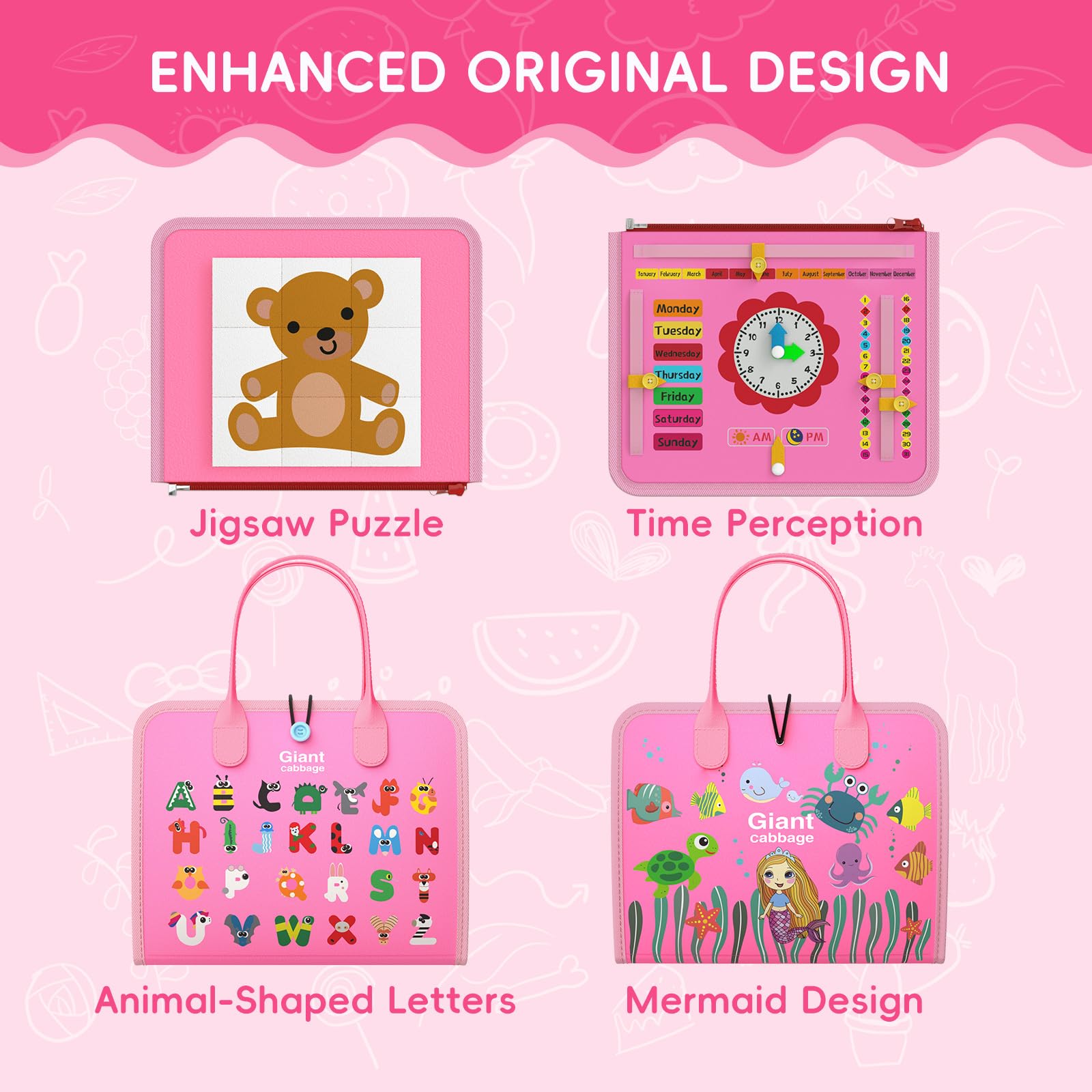 Montessori Busy Board Travel Toys for Toddlers 1-4 Years Old - Educational Learning Activity Toy for Preschool Girls & Boys - Perfect Birthday Gift for 2 3 4 Year Olds (Pink Mermaid Design) - Great for Airplane Travel, Car Rides & Quiet Playtime at Home