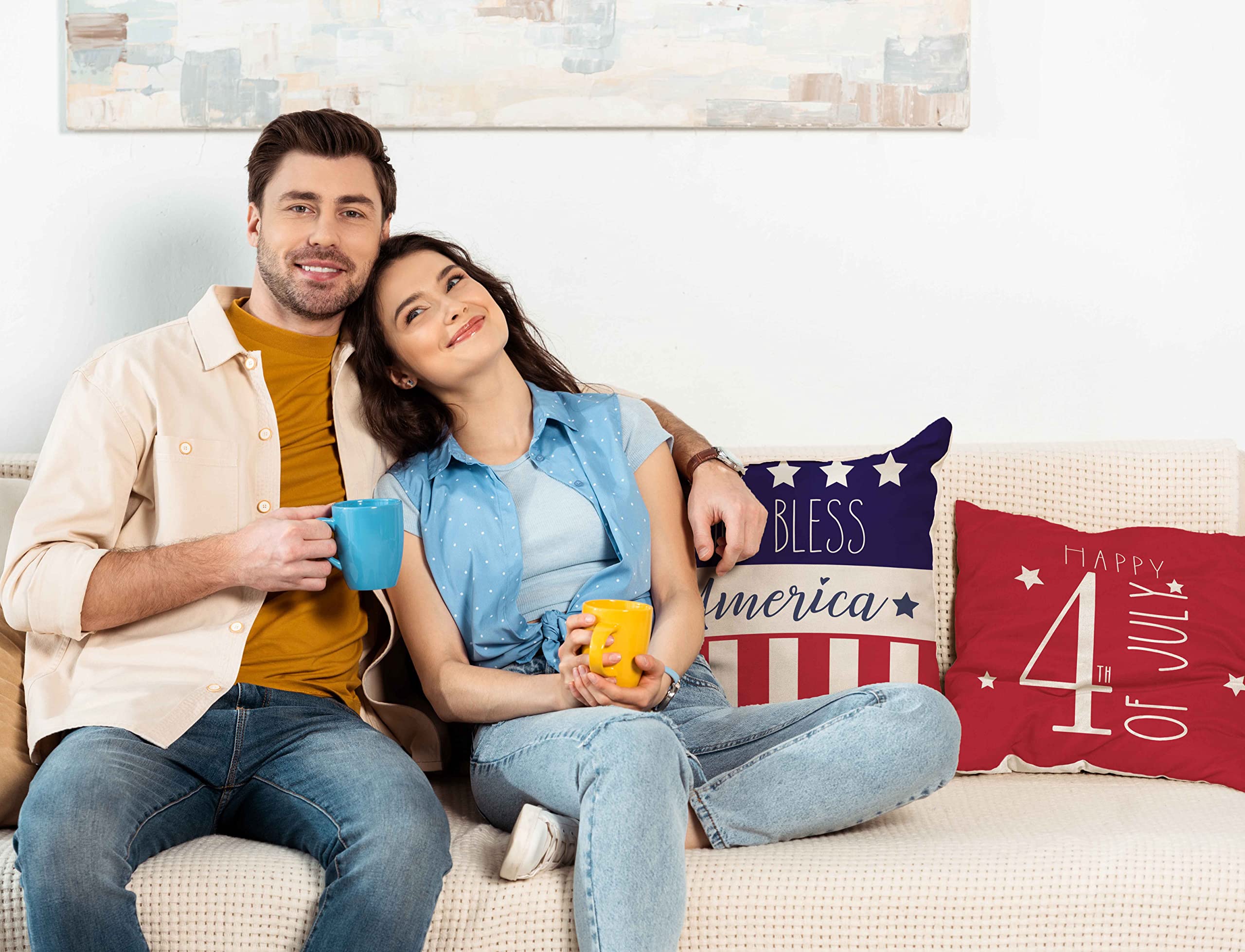 4th of July Patriotic Pillow Covers Set of 4 - 18x18 Inch American Flag Stars and Stripes Throw Pillows for Independence Day, Memorial Day, USA Decor - Perfect for Sofa, Couch, Porch & Patriotic Home Decor