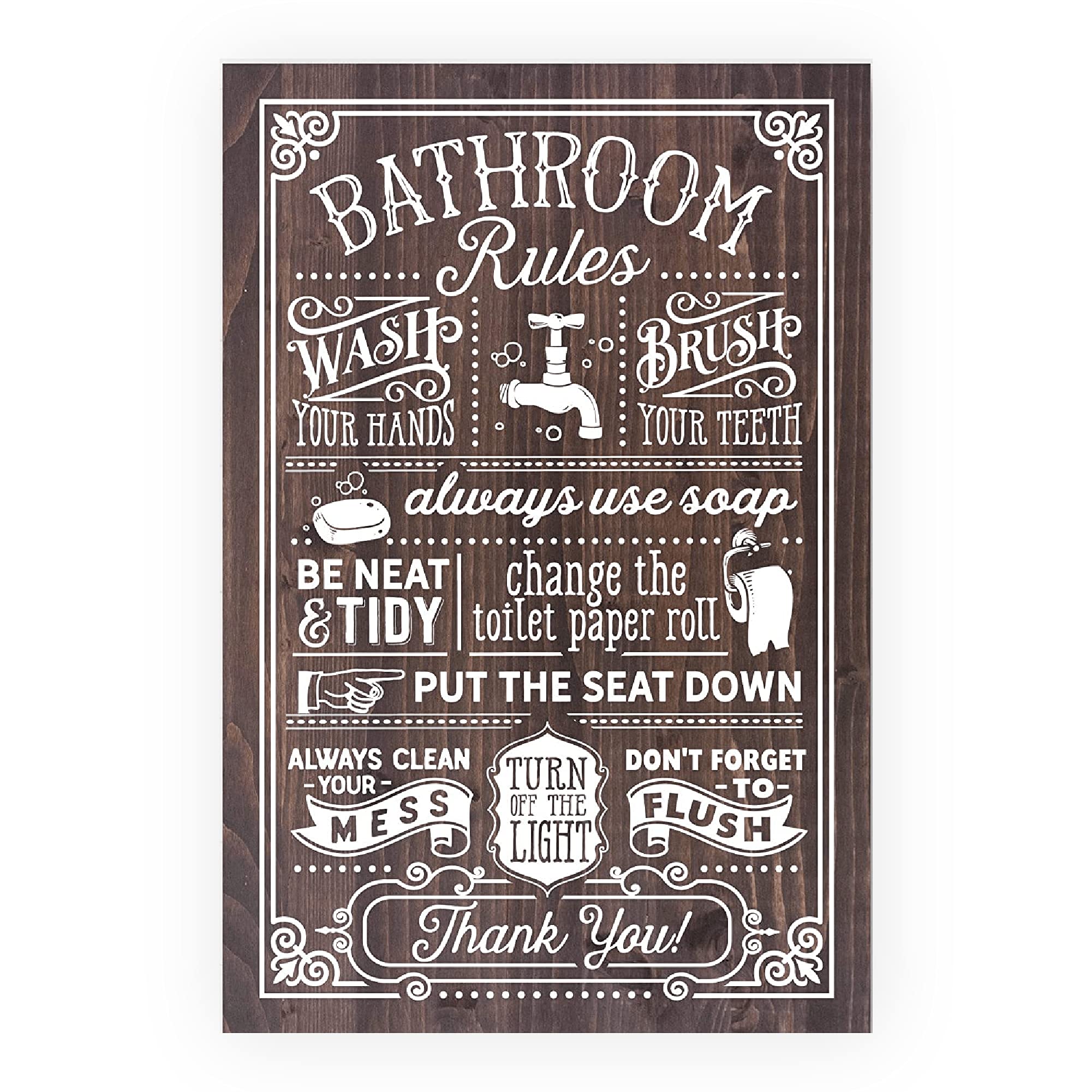 Bathroom Rules Sign 16x24 Inches - Handmade Wooden Wall Decor for Bathroom, Farmhouse & Rustic Style - Ready to Hang | Perfect for Home, Guest Bath & Powder Room Decorations