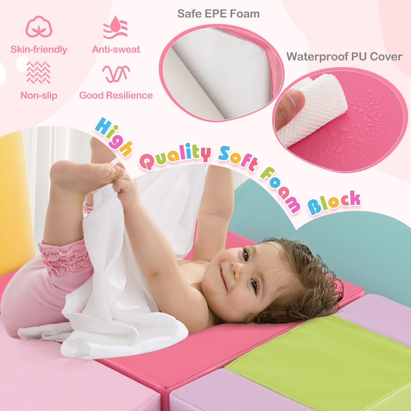 KOTEK 6-Piece Soft Foam Climbing and Crawling Play Set for Toddlers - Safe Indoor Playground Blocks for Climbing, Sliding & Active Play - Perfect for Home, Daycare & Preschool (Pink)