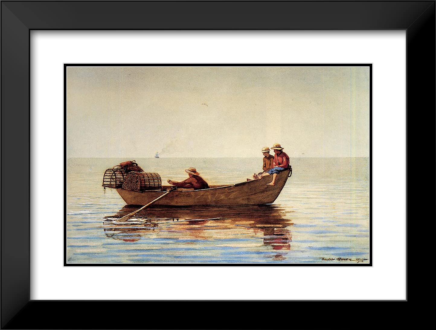 Winslow Homer 24x18 Black Modern Framed Art Print - Three Boys in a Dory With Lobster Pots - Double Matting Wall Decor for Living Room, Office & Gallery Display