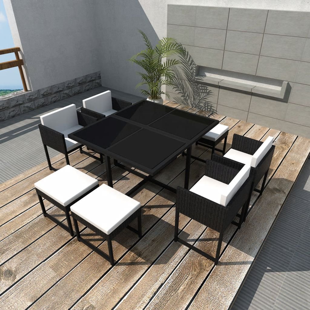 Tidyard Modern 8-Person Outdoor Dining Set - 9-Piece Patio Furniture with Tempered Glass Table & Black Poly Rattan Chairs - Perfect for Garden, Backyard, and Poolside Entertaining