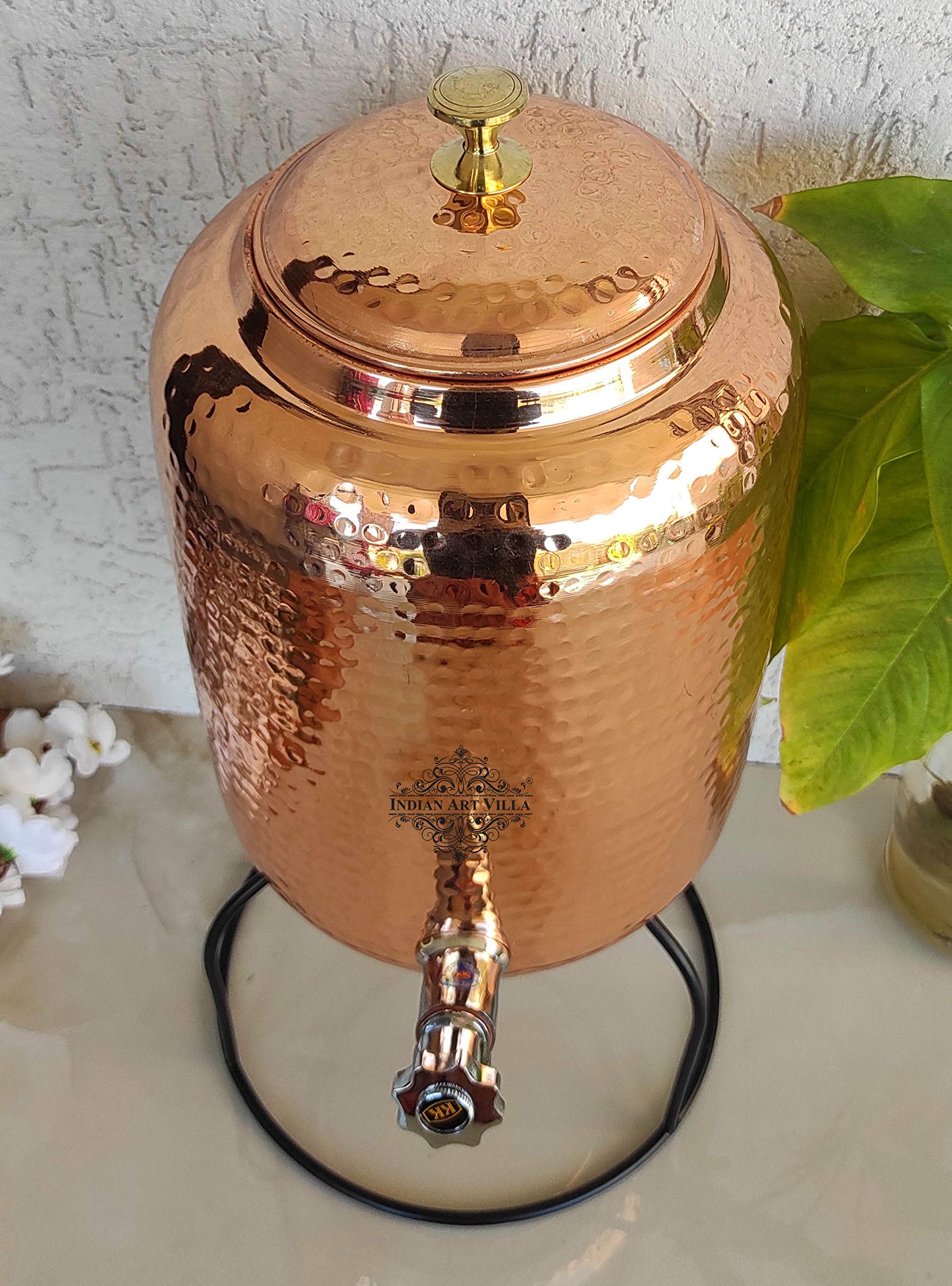 Indian Art Villa Hammered Design Copper Water Pot with Stand - 135 Oz Capacity for Storage & Kitchenware - Perfect for Home, Office, and Ayurvedic Water Purification