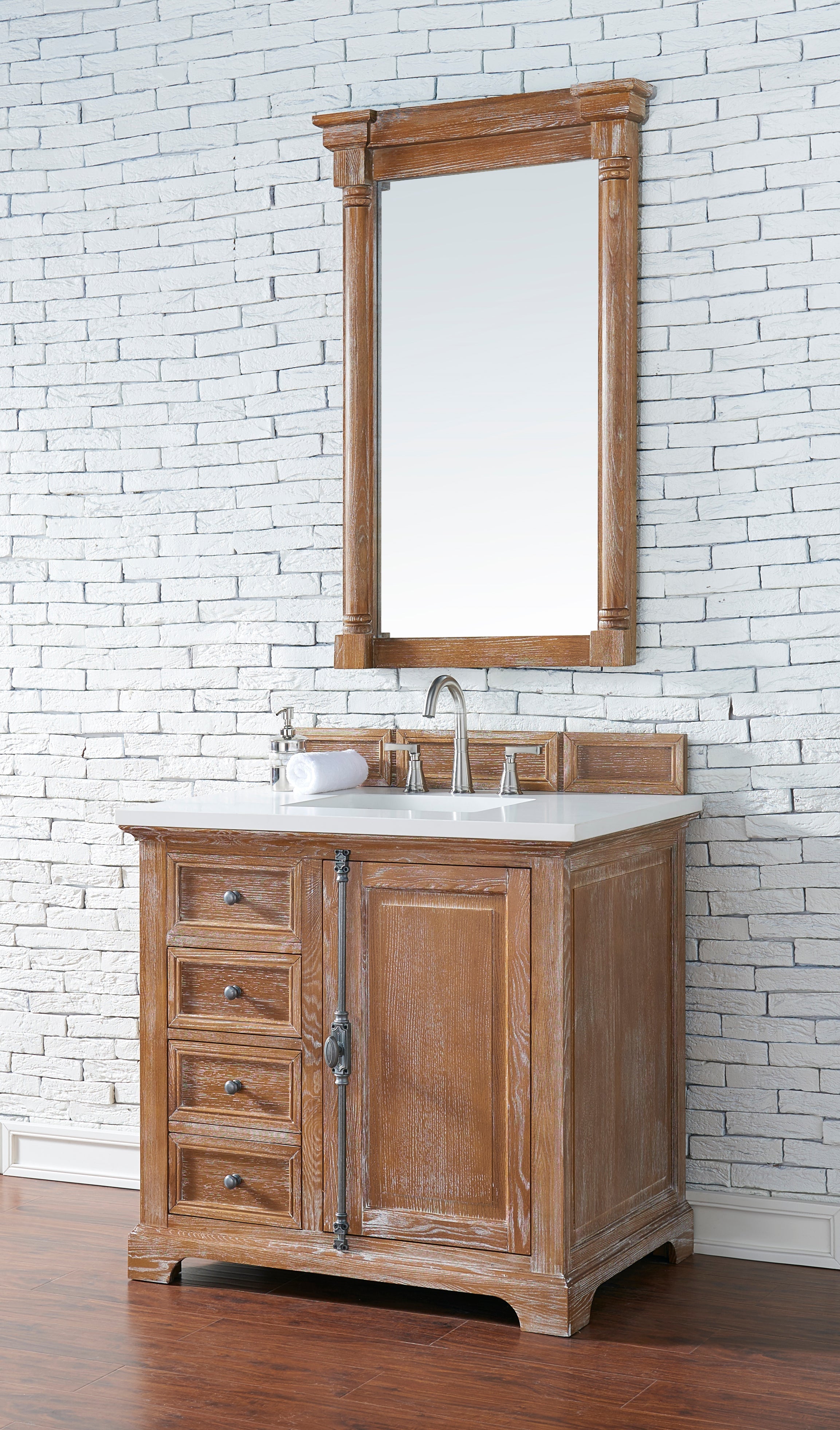 Providence 36 Inch Single Vanity Cabinet with 3CM Classic White Quartz Top - Driftwood Finish for Bathroom Remodel & Modern Home Decor