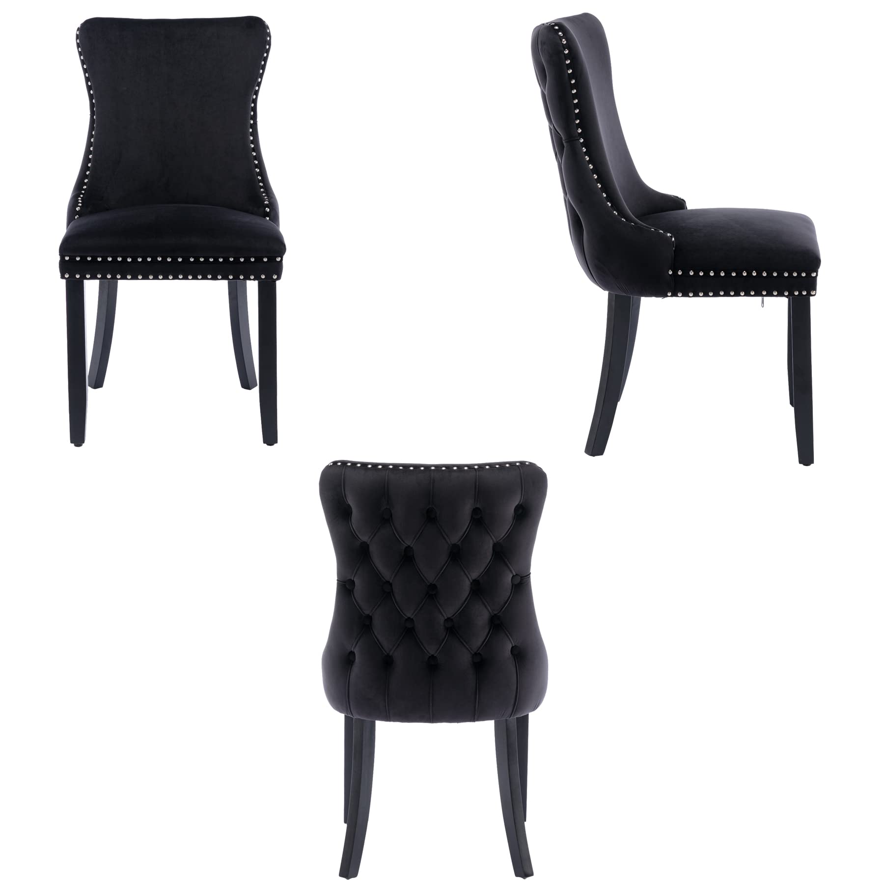 Velvet Upholstered Dining Chairs Set of 2 - Wingback Kitchen Accent Chairs with Solid Wood Legs, Nailhead Trim & Button Tufted Back - Stylish Luxury Elegant Black Dining Room Chairs for Home Decor & Entertaining