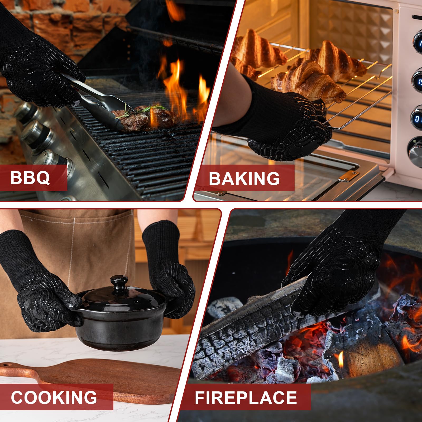 Heat Resistant BBQ Gloves - Non-Slip Grilling & Oven Mitts for Outdoor Cooking, Baking, Smoking - Extra Long Kitchen Gloves (1 Pair, Black) - Perfect for Backyard Barbecues, Campfire Cooking & Hot Food Handling