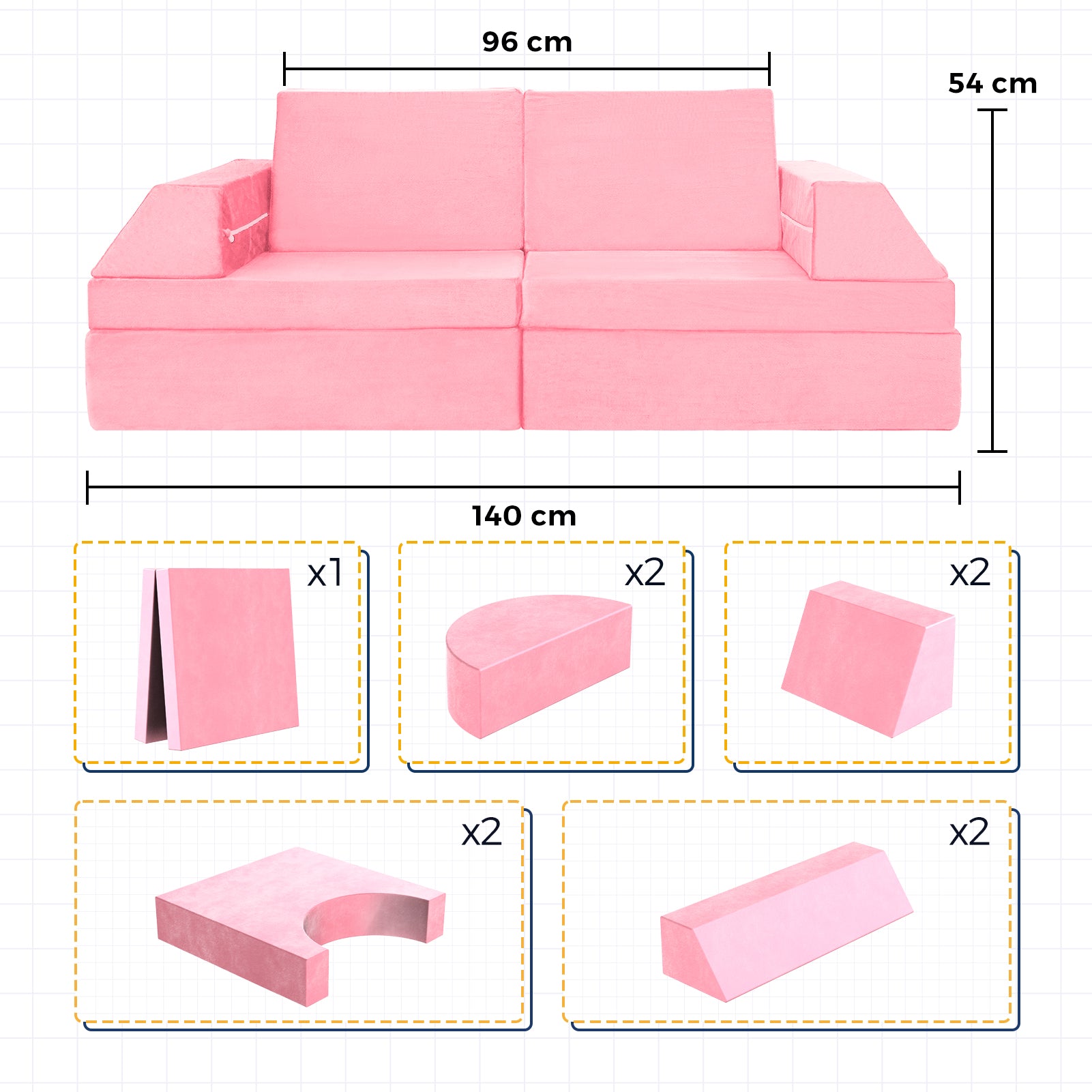 MAXYOYO 10-Piece Modular Convertible Kids Play Couch Sofa Set with Removable Soft Velvet Covers - Pink | Playroom Furniture for Toddlers & Children | Perfect for Playtime, Reading Nook & Sleepovers