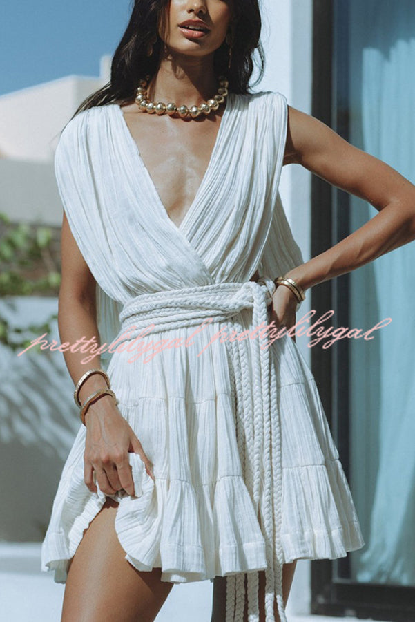 Glimpse of Happiness Linen Blend Draped Braids Belt Cover Up Mini Dress - Beach Wedding, Vacation, Summer Outfit