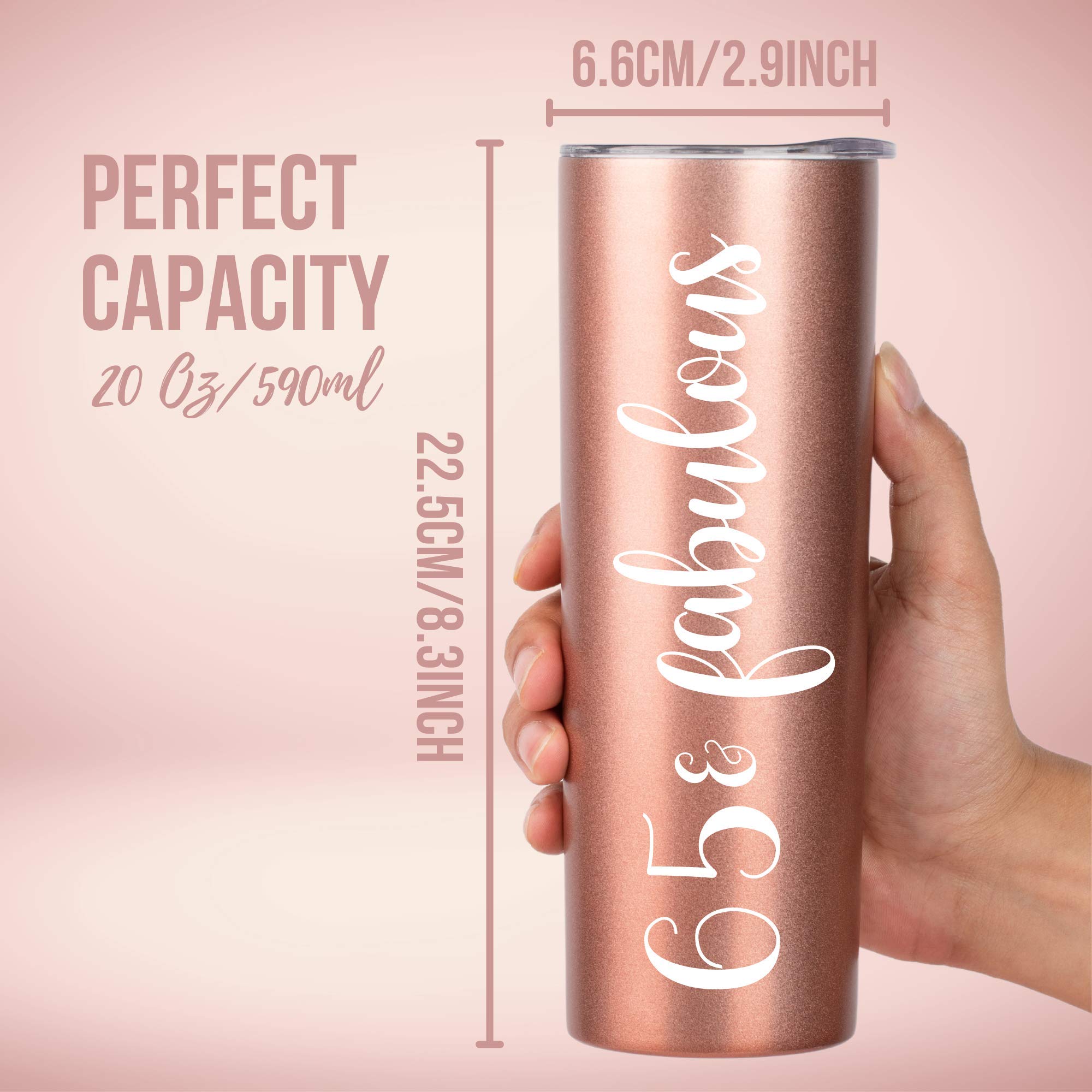 65th Birthday Gifts for Women - 20oz Insulated Stainless Steel Skinny Wine Tumbler | Rose Gold | Perfect for Mom, Best Friend, Sister, Aunt, Wife & Coworkers | Great for Wine, Cocktails & Outdoor Parties