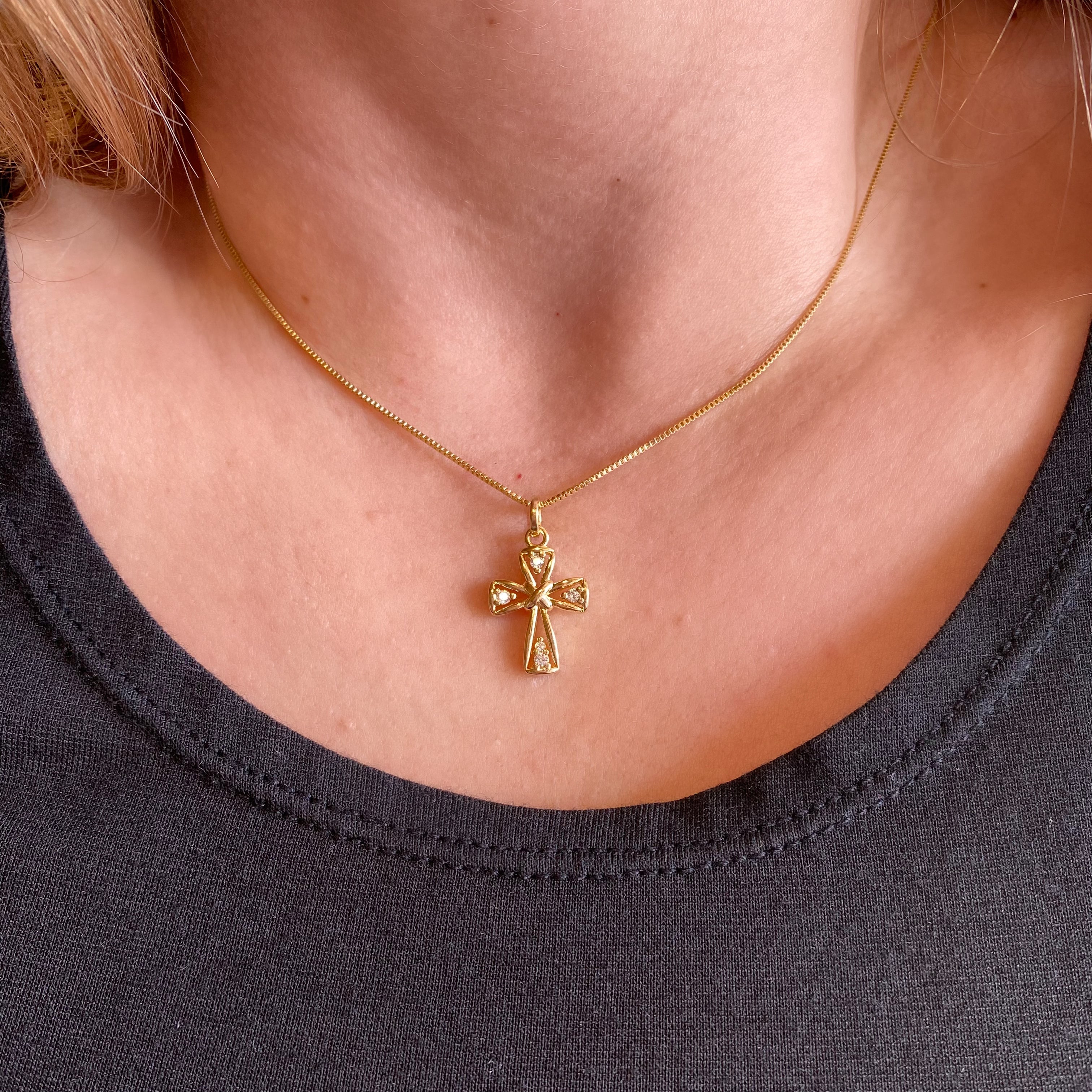 18K Gold Filled Cross Pendant Necklace with 4 Cubic Zirconia Stones - Elegant Religious Jewelry Gift for Women, Perfect for Church, Weddings & Special Occasions