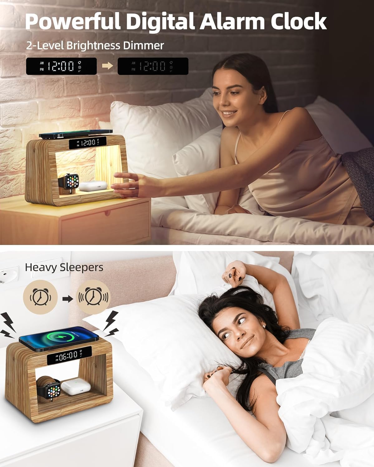 Bamboo Wireless Charging Station with Digital Alarm Clock & Night Light - Fast Qi Charger Stand for iPhone 15/14/13/12/11 Pro Max/X/Xs, AirPods Pro, iWatch Series 8/7/6/5/SE - Perfect for Bedside, Office & Travel Charging