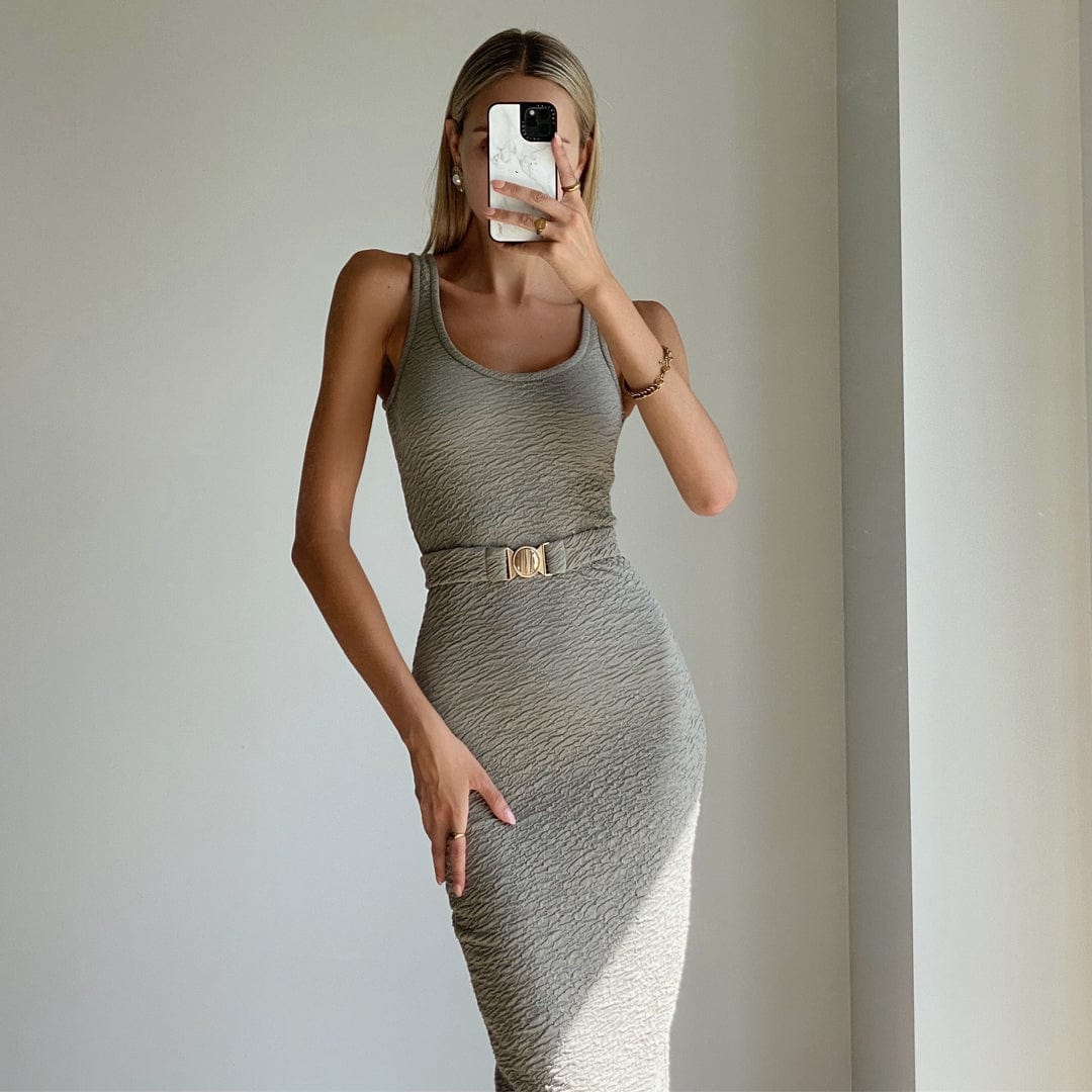 AINE Women's Khaki Sleeveless Bodycon Midi Dress - Slim Fit Stretchy Party Cocktail Dress for Night Out, Date Night & Summer Vacation