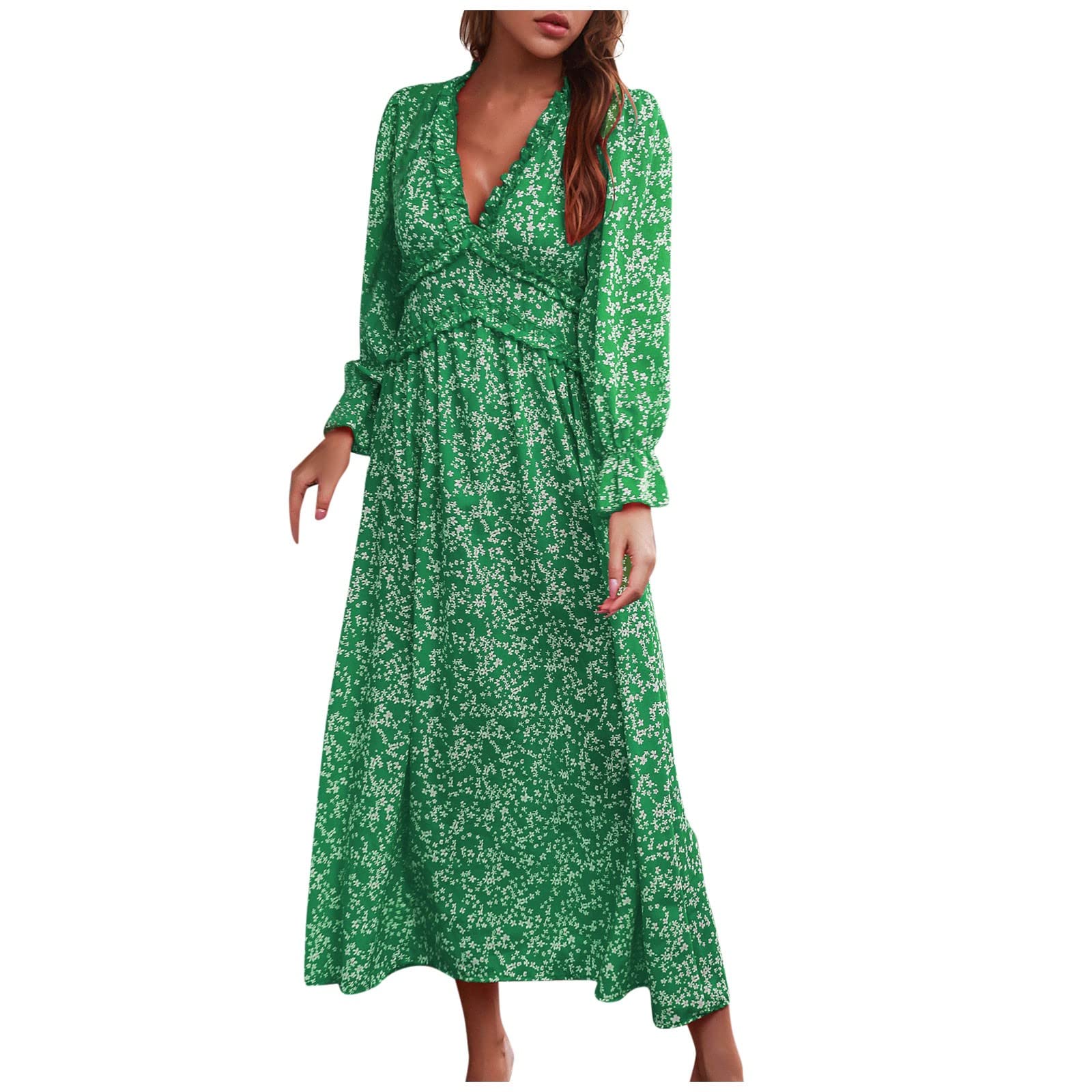 Elegant Women's Summer Cocktail Dress - Long Sleeve Lace V-Neck Ruffle Party Dress for Evening Events, Weddings & Date Nights