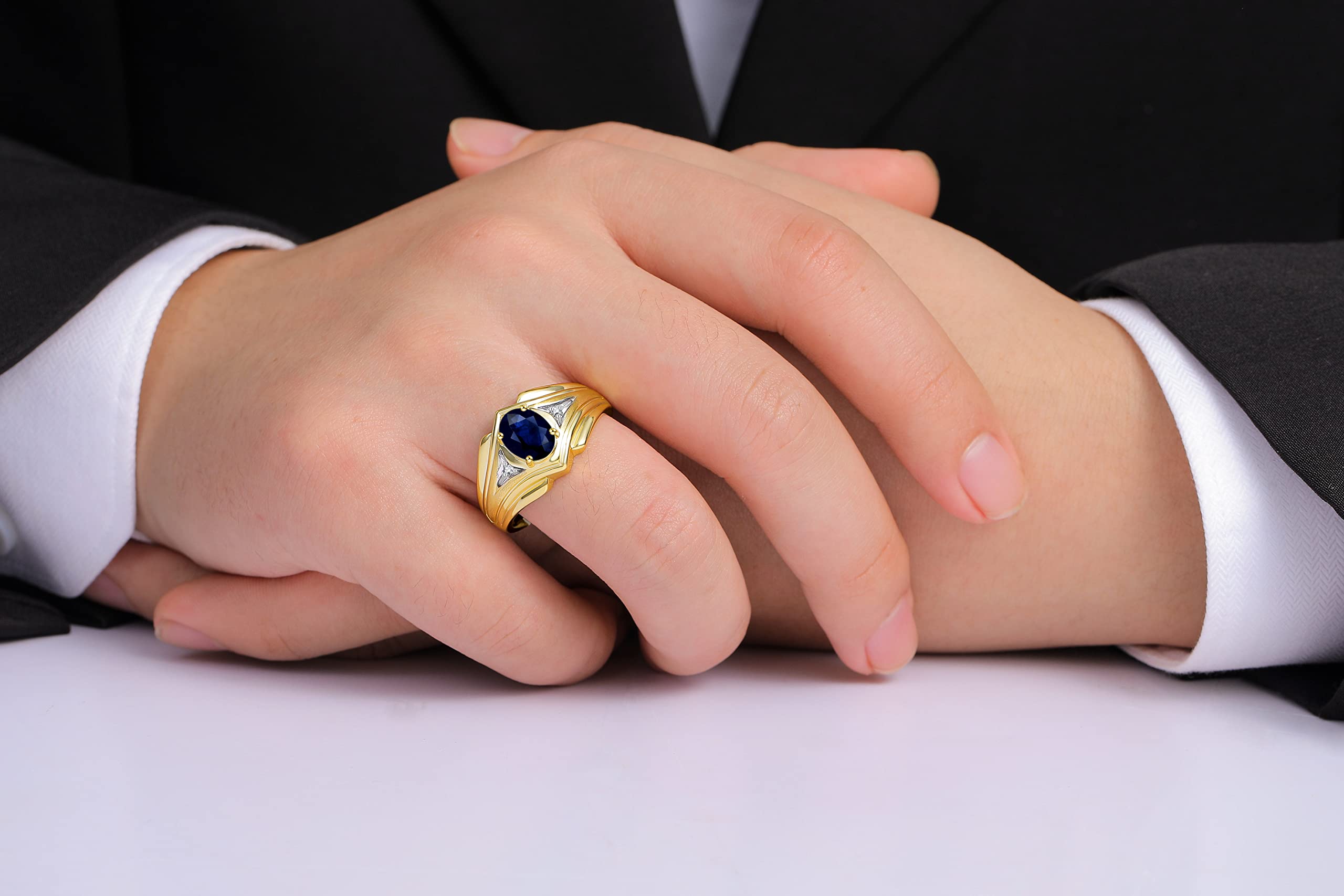 Men's Yellow Gold Plated Silver Ring with 9X7MM Oval Gemstone & Diamond - Classic Designer Style Birthstone Ring for Men (Sizes 8-13) | Perfect for Weddings, Anniversaries, Gifts & Everyday Wear