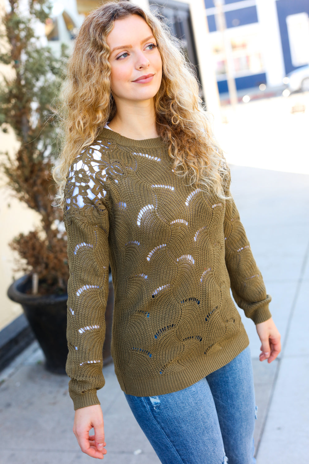 Stylish Olive Green Pointelle Lace Knit Sweater for Women - Trendy Casual Pullover with Shoulder Details - Perfect for Fall Outfits, Date Nights & Office Wear