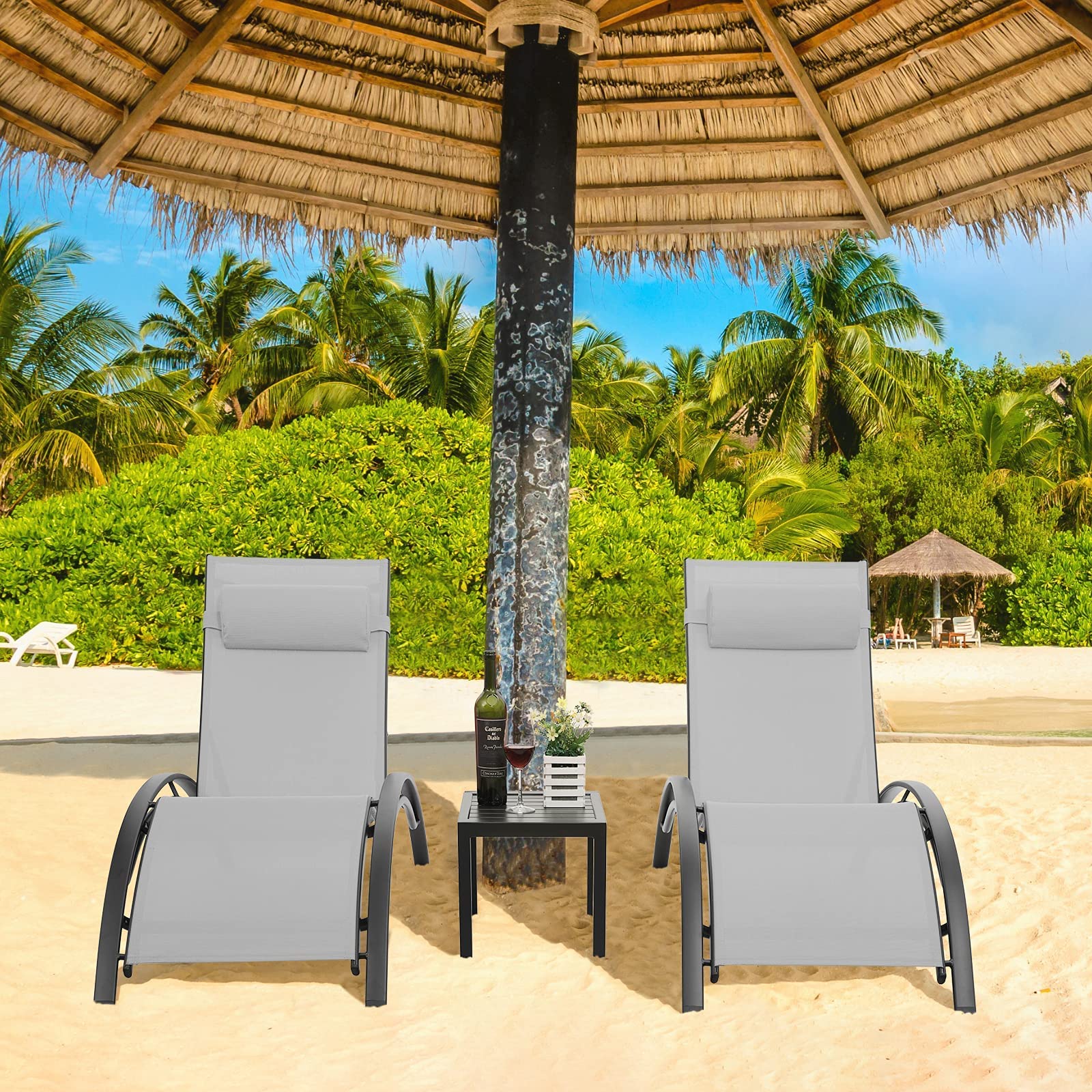 **AthLike 3-Piece Pool Chair Set with Headrest – 5-Level Adjustable Patio Chaise Lounge for Sunbathing & Tanning – Includes Side Table for Outdoor, Beach, Poolside (Grey) – Perfect for Relaxing by the Pool or Beach**