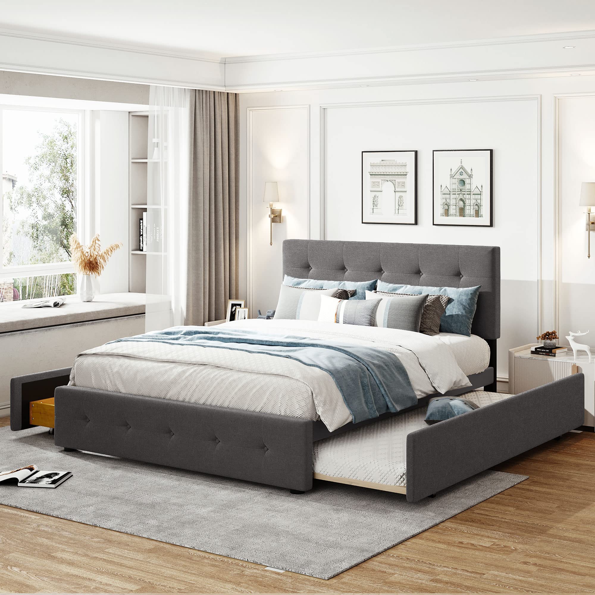Queen Size Upholstered Platform Bed with 2 Storage Drawers & Twin XL Trundle - Light Gray Linen Fabric Wooden Bed Frame for Guest Room, Small Space & Modern Bedroom