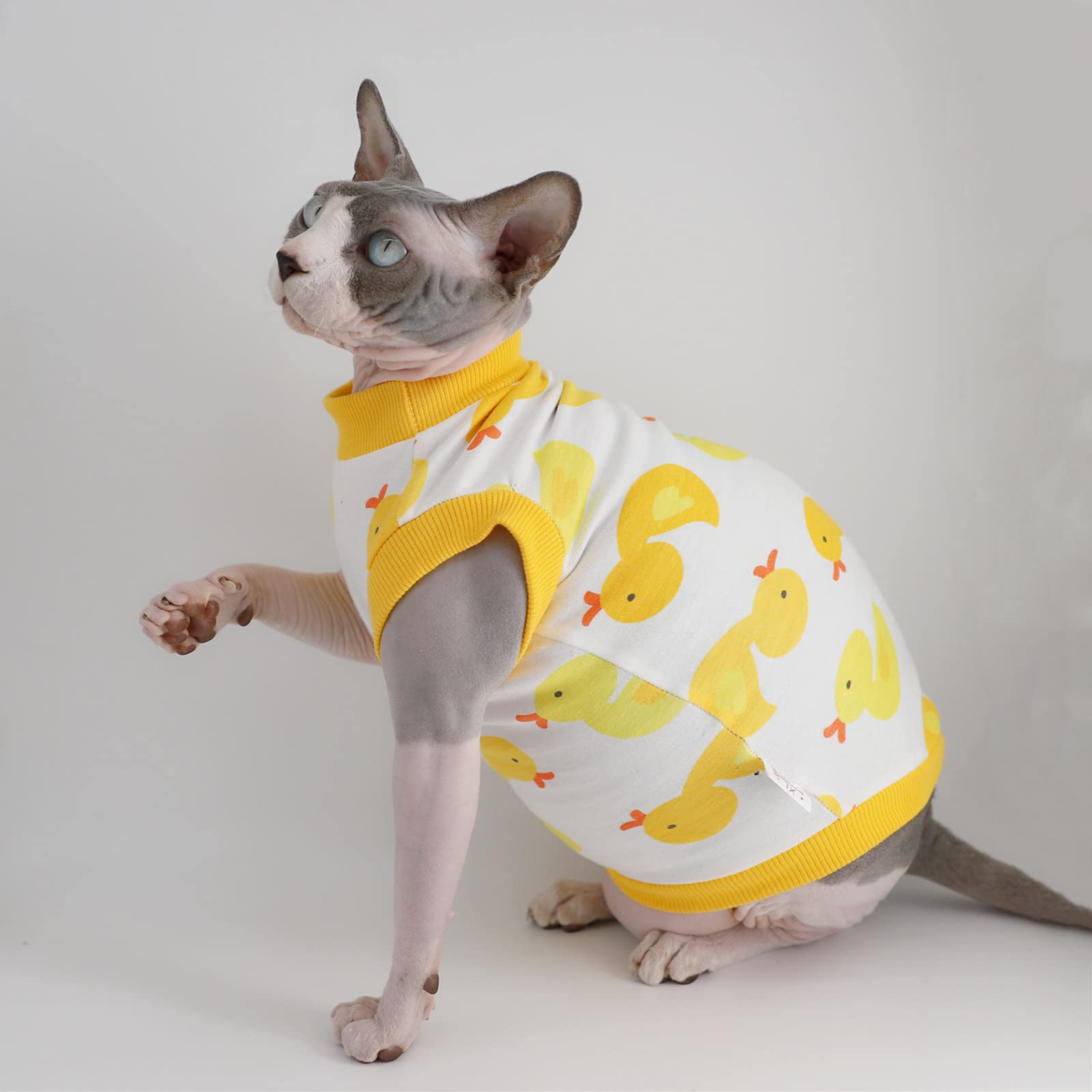 Breathable Sphynx Hairless Cat Summer Cotton T-Shirt - Round Neck Sleeveless Vest for Cats & Small Dogs (XX-Large, Yellow Ducks) | Perfect for Outdoor Adventures & Photo Shoots