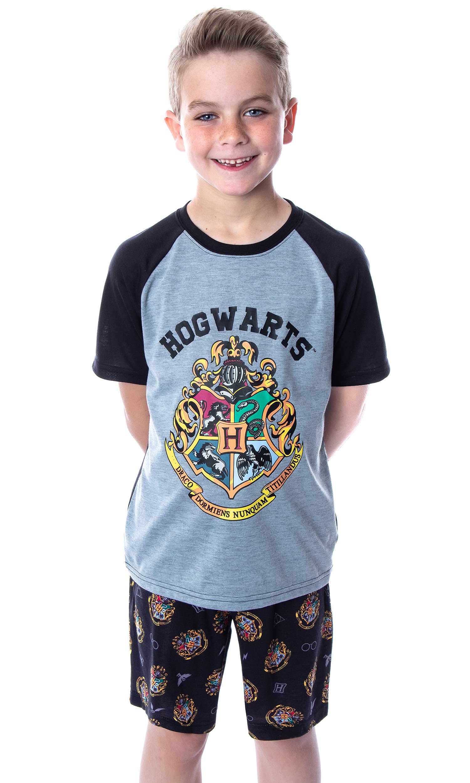 Harry Potter Boys' Pajama Set - Hogwarts Castle Crest Logo Raglan Shirt & Shorts 2-Piece Sleepwear | Comfortable Kids' PJs for Bedtime, Movie Nights & Harry Potter Themed Parties
