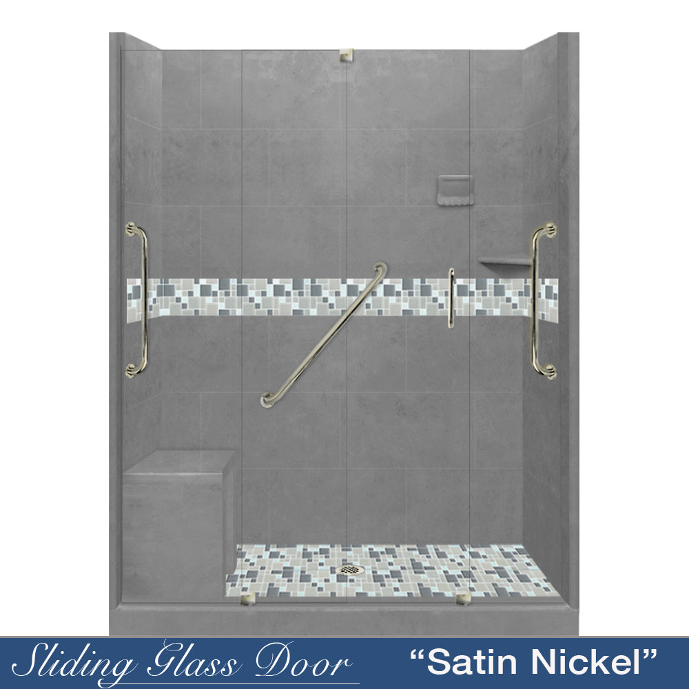 Freedom 60 Alcove Wet Cement Sistine Stone & Newport Mosaic Accent Tile - DIY Shower Remodel Kit for Bathroom Renovation | Waterproof Backsplash & Shower Wall Tile Installation