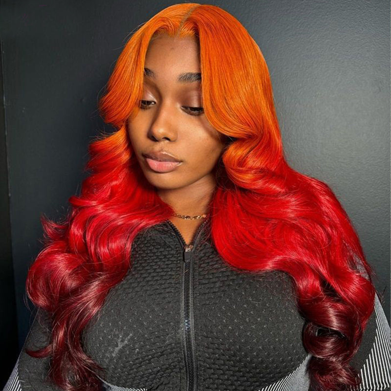 Eullair Ombre Orange Red Brown Body Wave Human Hair Wig with Transparent Lace Frontal for Women - Perfect for Daily Wear, Cosplay & Special Occasions