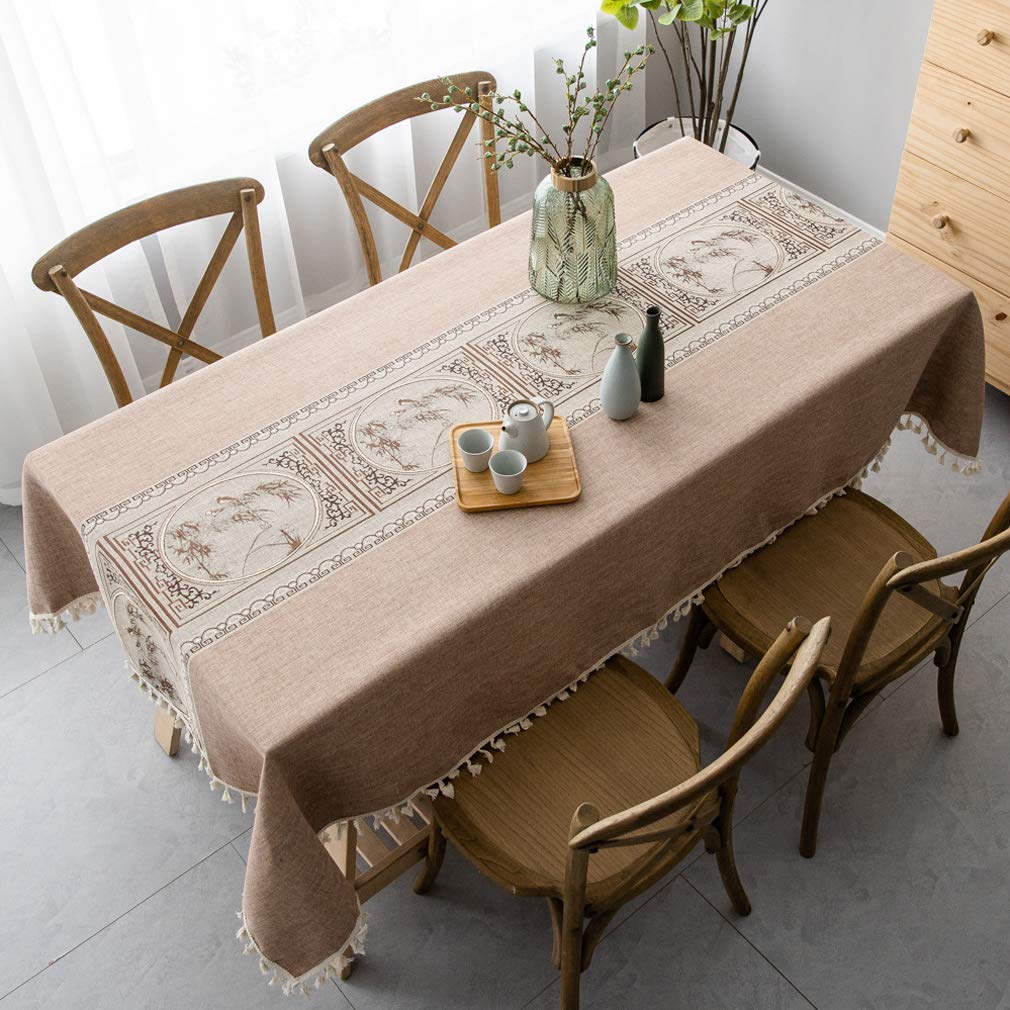 Vintage Cotton Linen Tablecloth - Dust-Proof Rectangle Embroidered Table Cover with Tassel Trim for Kitchen & Dining Room - Chinese Style Home Decor (Pink Brown, 55 x 55 Inch) - Perfect for Holiday Dinners, Tea Parties & Asian-Themed Decor