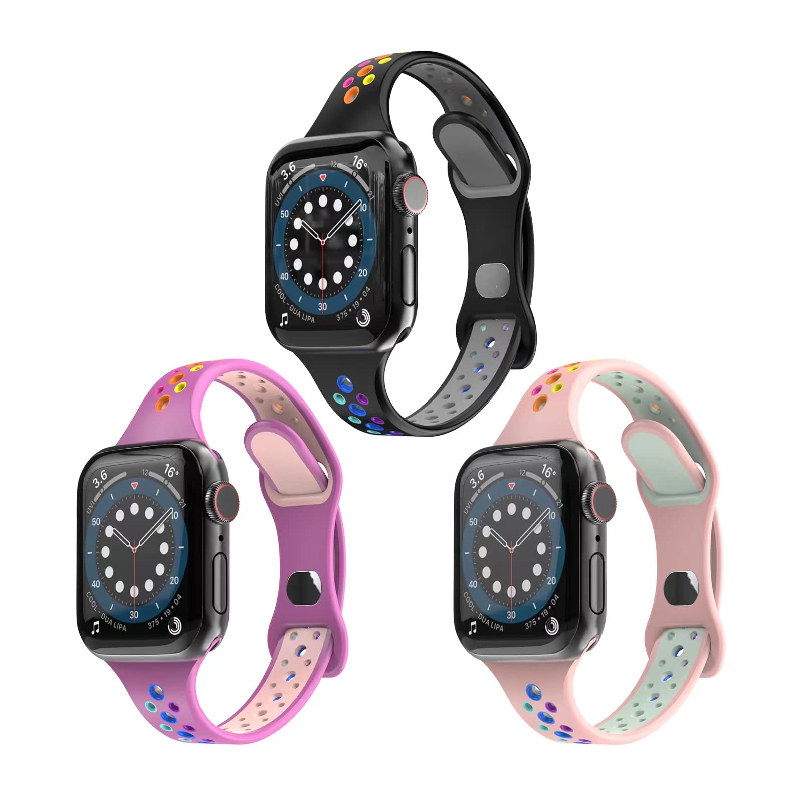 3 Pack Silicone Soft Breathable Sports Bands - Thin Lightweight Colorful Rainbow Pride Wristbands Compatible with Apple Watch 38mm 40mm 41mm 42mm 44mm 45mm - Replacement Straps for iWatch Series SE 1 2 3 4 5 6 7 - Perfect for Women, Girls Workout Running Gym Yoga Daily Wear