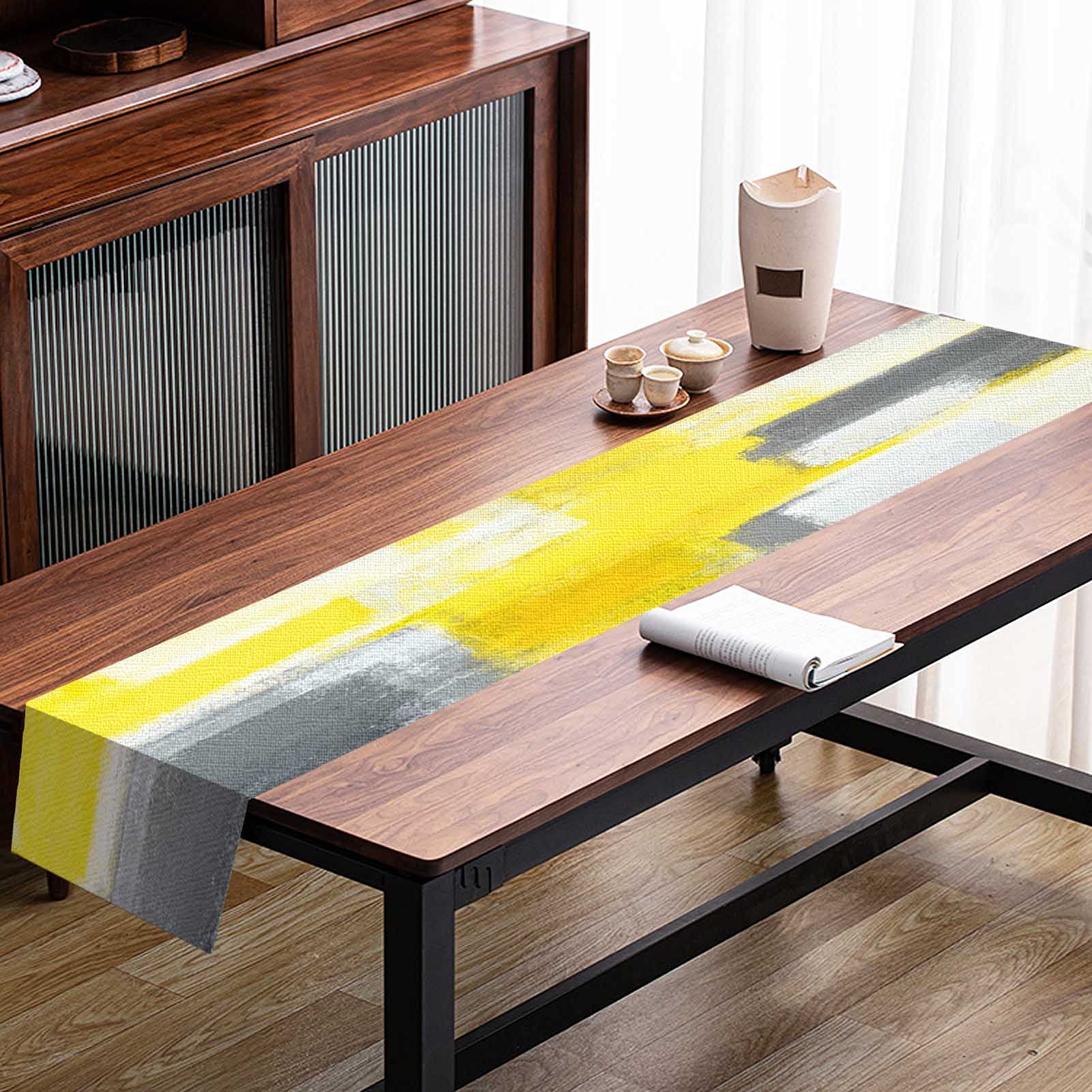 Mcalk Yellow Table Runner & 6-Piece Grey Placemats Set - Modern Abstract Art Linen Table Mats for Kitchen & Dining Room - Washable & Durable for Everyday Use, Dinner Parties & Holiday Decor
