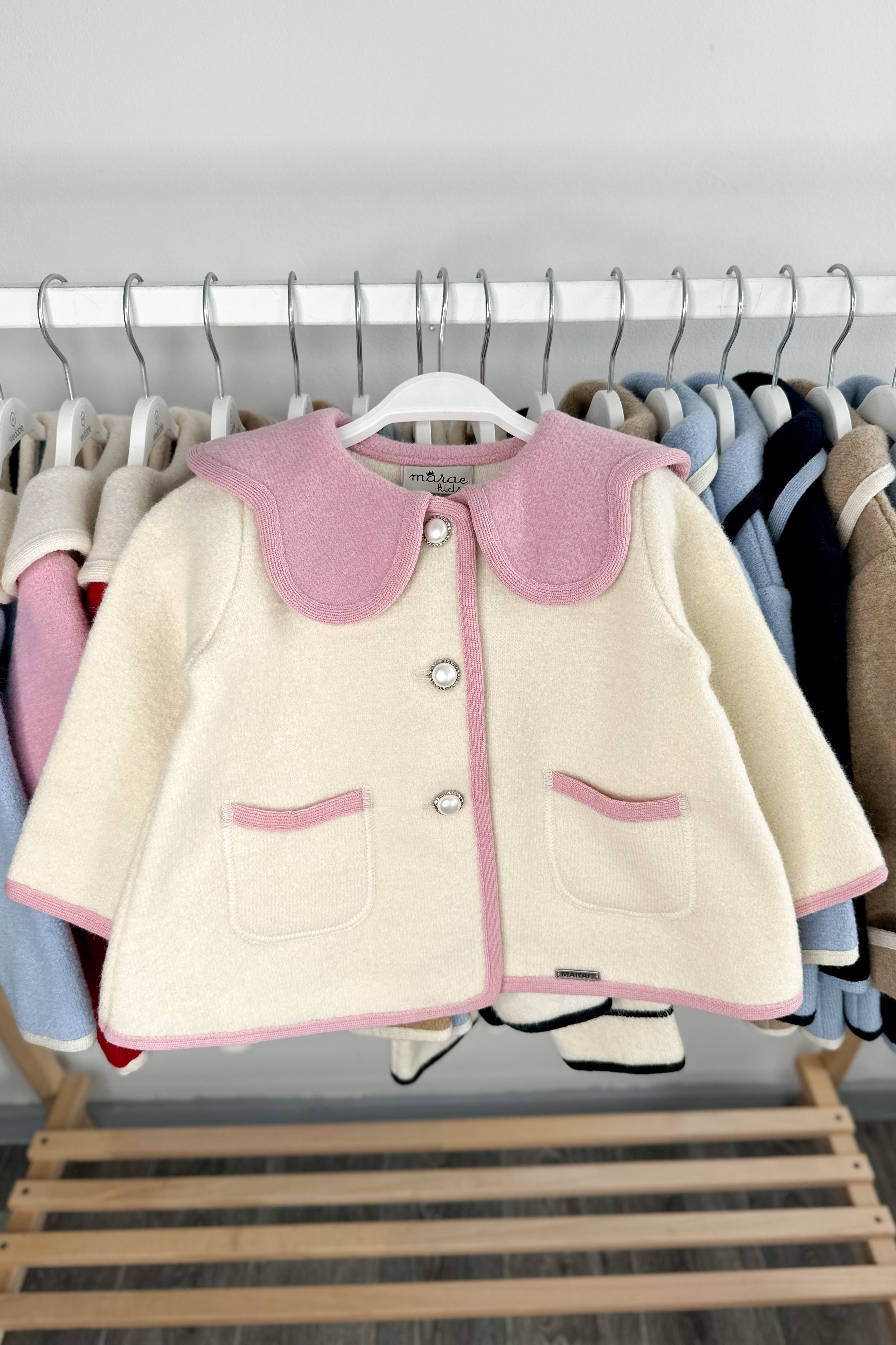 Eleanor Ivory & Pink Merino Wool Coat - Women's Winter Warm Long Coat with Belt, Soft & Luxurious Outerwear for Office, Dating & Special Occasions
