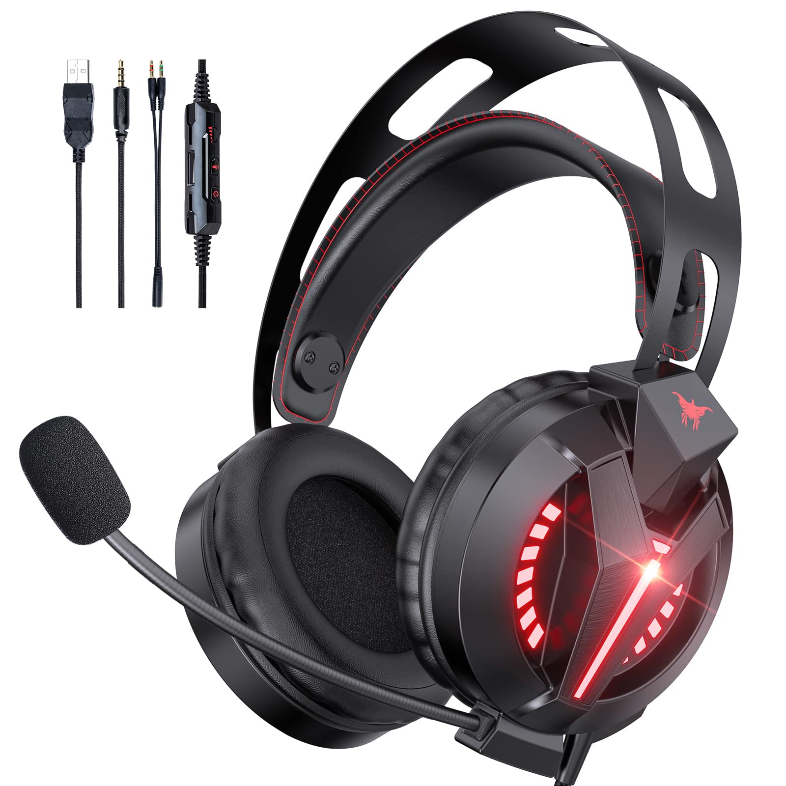 Combatwing Gaming Headset with Mic - 7.1 Surround Sound PC Headphones with LED Lights, Memory Foam Earcups & Adjustable Headband for PS4, Mac, Laptop, Nintendo 64 - Perfect for Competitive Gaming & Streaming