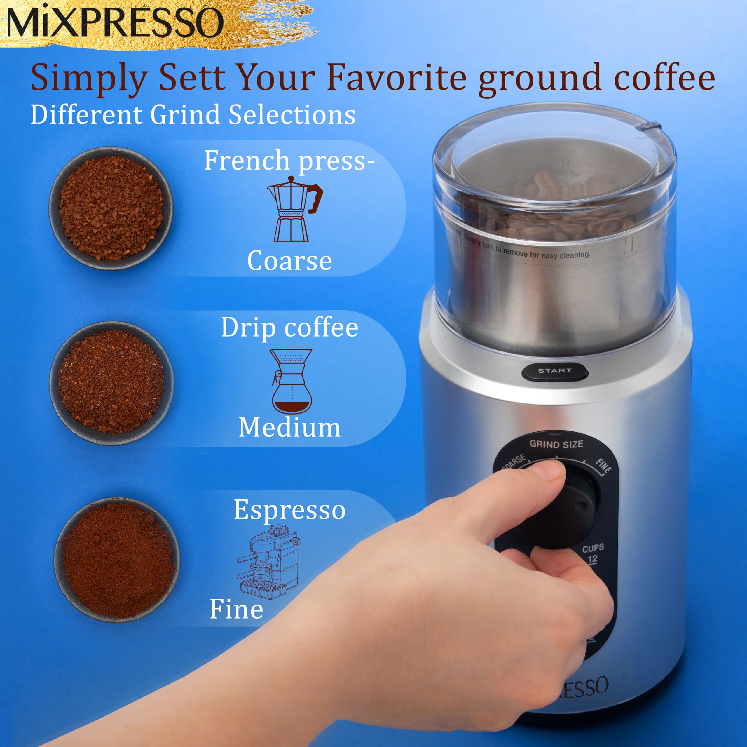 Mixpresso Electric Coffee Grinder - 12 Cup Capacity with 304 Stainless Steel Blade for Espresso Beans, Removable Chamber - Bundle with 9 Cup Stovetop Espresso Maker & Moka Pot - Perfect for Home, Office & Camping Coffee Brewing