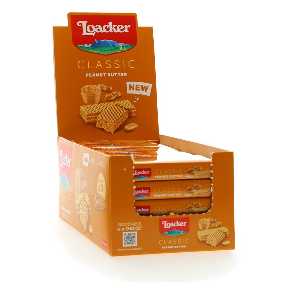 Loacker Classic Peanut Butter Waffles - 25 Pack (45g Each) | Double-Layer Peanut Butter Cream Filled Wafers | Perfect for Office Snacks, School Lunches & Coffee Breaks