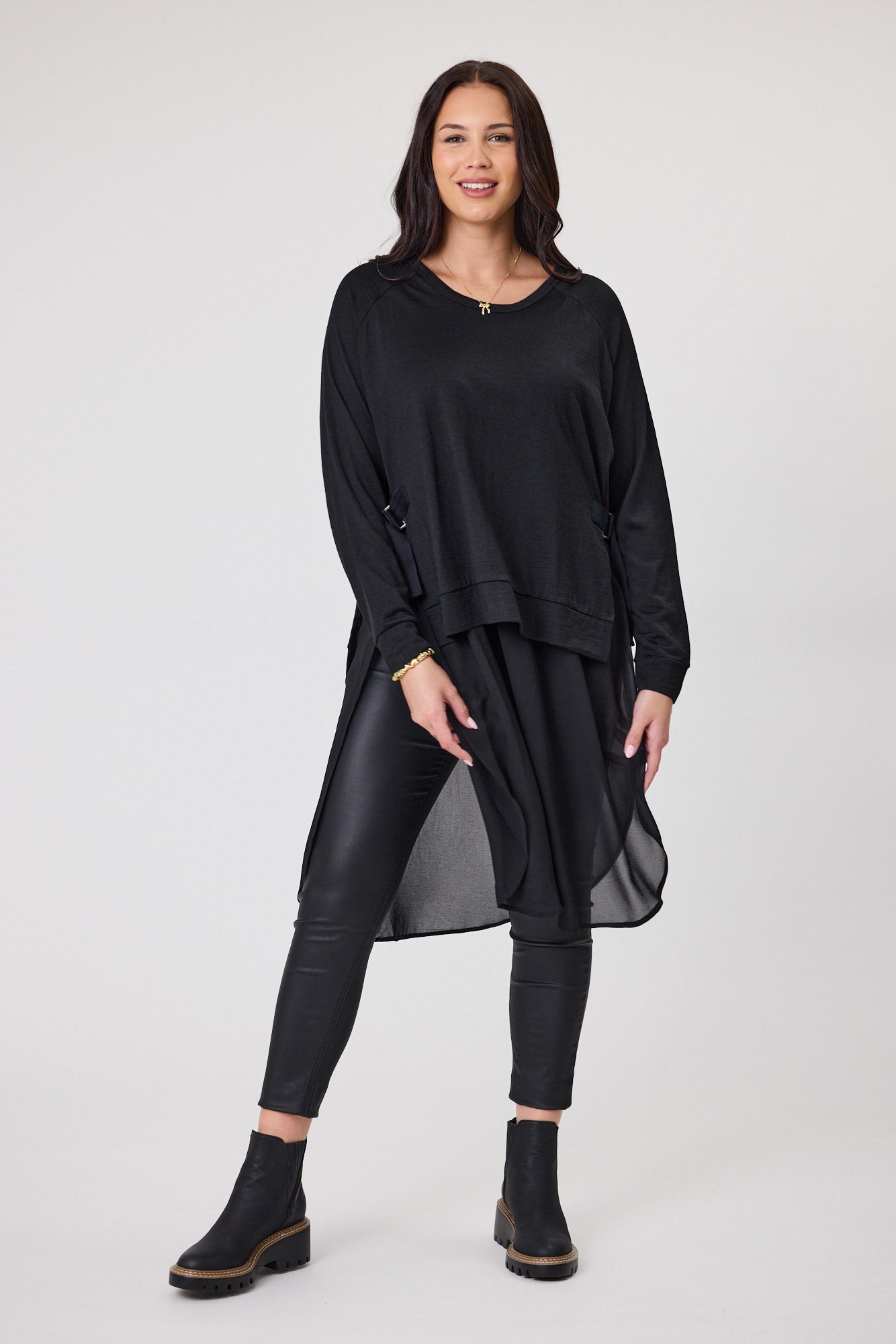 Alpine by Shine On Paris Merino Wool & Chiffon Blend Tunic Top - Black | Elegant Women's Fashion for Work & Evening Wear