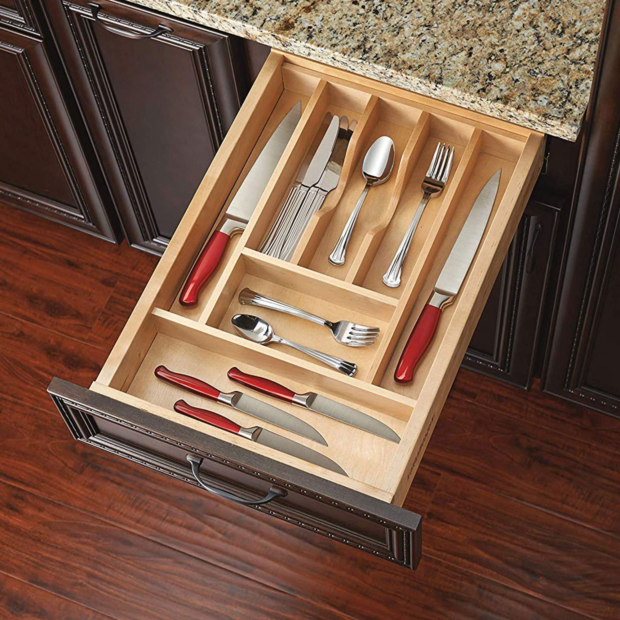 Rev-A-Shelf Adjustable Silverware Drawer Organizer - Natural Maple Wood 7-Compartment Cutlery Tray for Kitchen Utensil Storage (4WCT-1SH) | Perfect for Cutlery Organization in Cabinets & Drawers