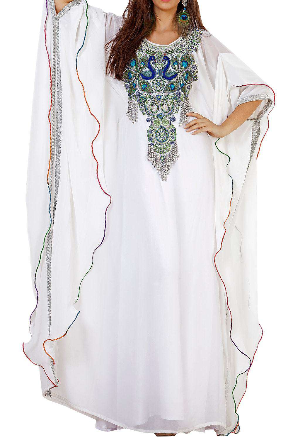 Elegant White Peacock Embroidered Arabic Kaftan Dress for Women - Perfect for Eid, Wedding & Special Occasions
