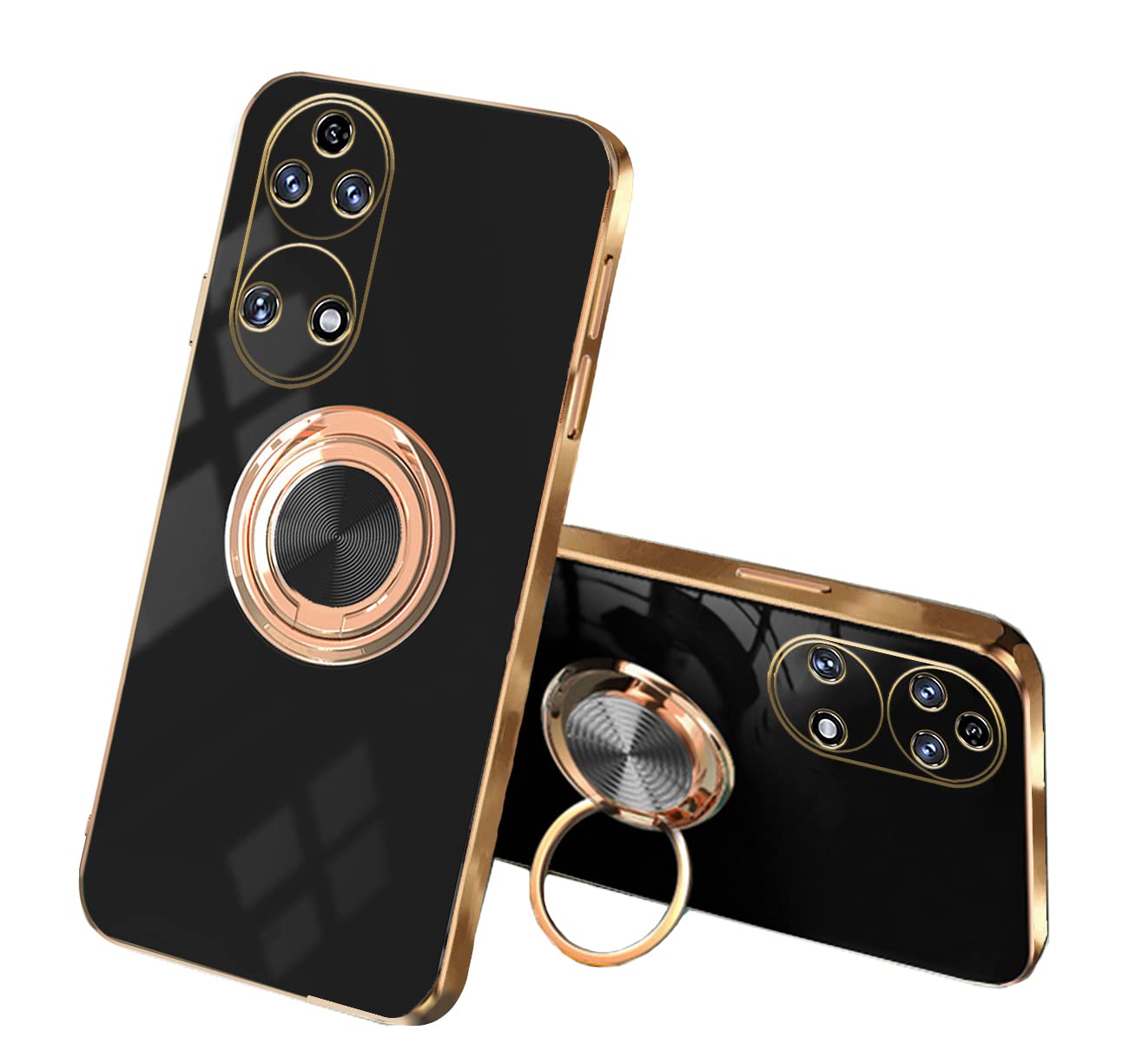 Huawei P50 Pro Phone Case - Shockproof Silicone Protective Cover with Ring Holder | Anti-Scratch Cute TPU Case for Women | Perfect for Daily Use, Travel & Outdoor Activities (Black)