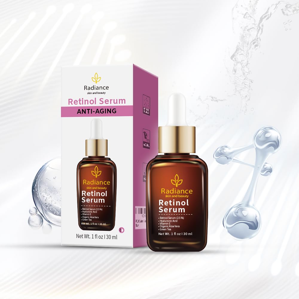 RADIANCE Retinol Serum for Face - Vitamin E, Organic Jojoba Oil & Hyaluronic Acid - Anti-Aging, Wrinkle Reduction & Dark Spot Treatment - Smooths Fine Lines & Brightens Skin - 1 Oz Facial Serum for Night Routine & Daily Skincare