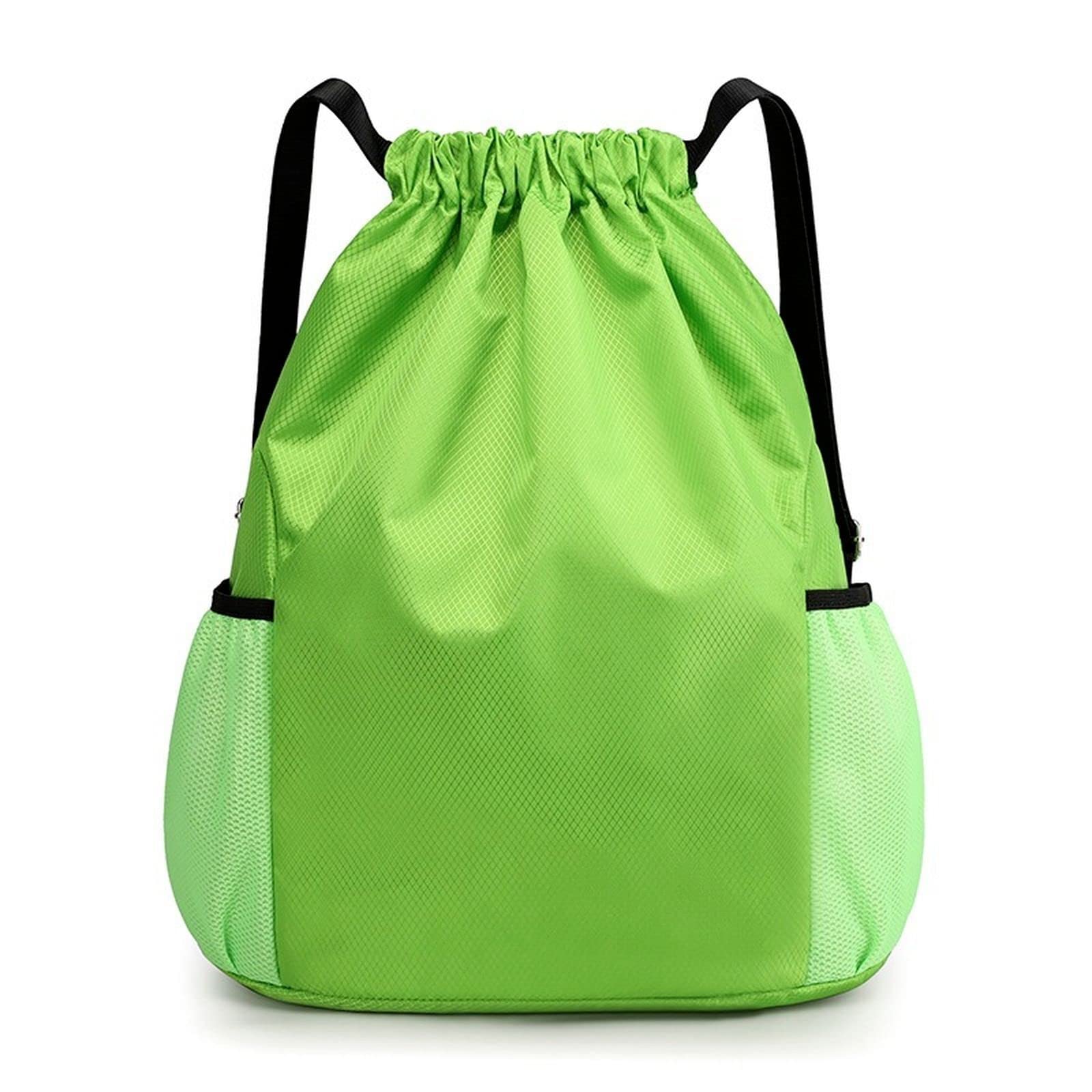 HAZIMCS Waterproof Nylon Drawstring Backpack for Men & Women - Adjustable Sports Gym Backpack with Side Pockets, Large Green - Perfect for Workout, Travel, Hiking & School Use