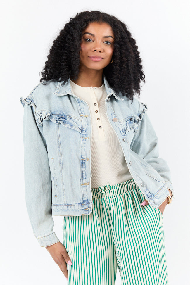 Told You So Light Wash Ruffle Trim Denim Jacket for Women | Vintage Distressed Denim Jacket with Feminine Ruffles | Perfect for Spring Outfits, Casual Wear & Street Style Fashion