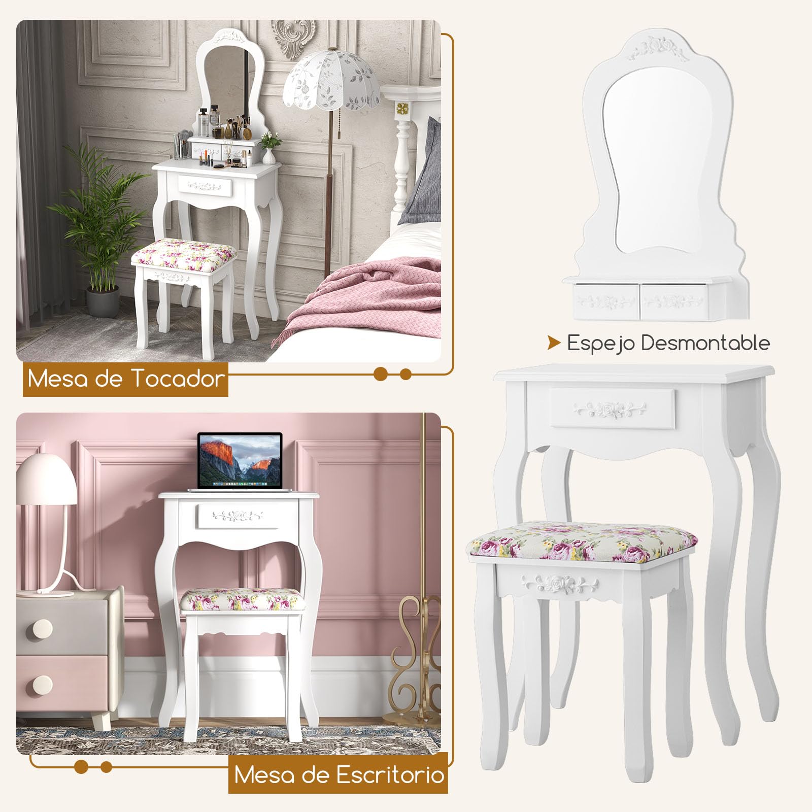 Vintage Wooden Makeup Vanity with Mirror & Stool - 3 Drawers, 50x30x136cm - Perfect for Bedroom & Dressing Room