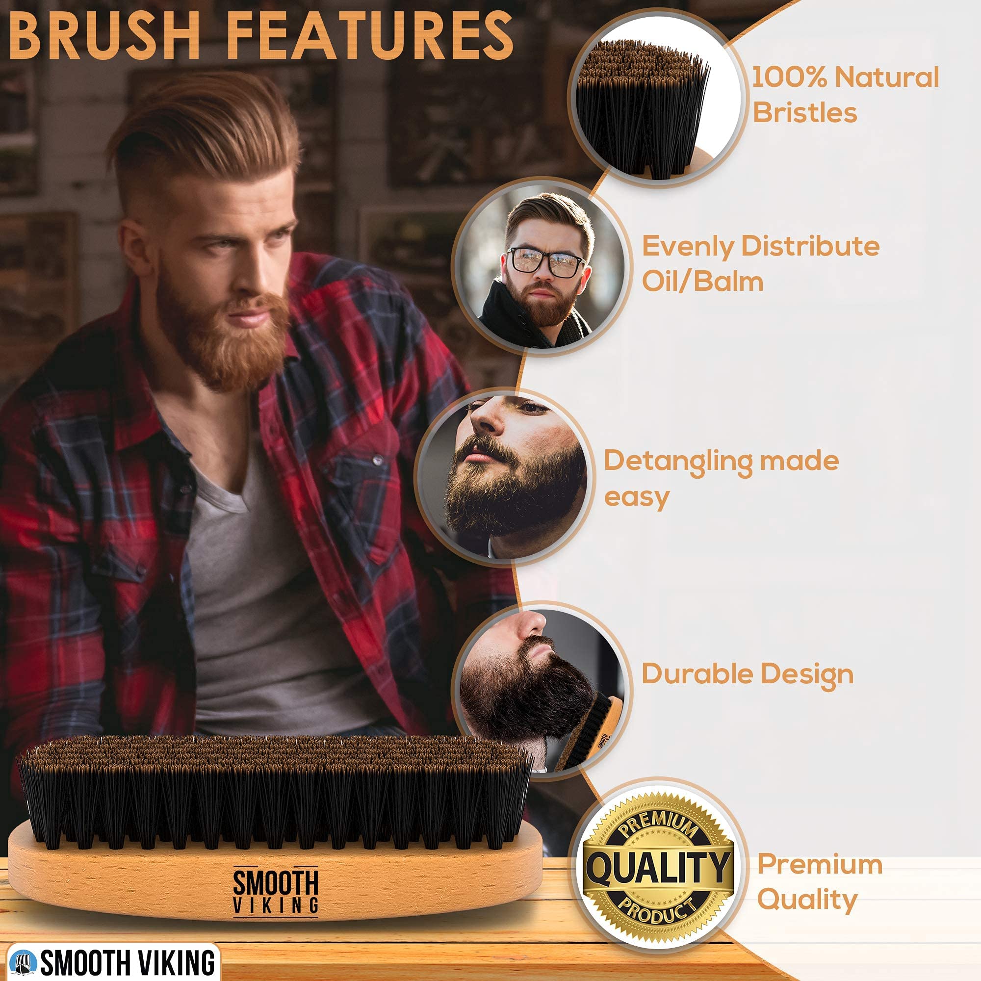 Premium Viking Beard Brush Gift Set for Men - Natural Boar Bristle Beard & Mustache Brush, Facial Hair Styling & Grooming Kit with Beard Shaping Tool - Perfect for Daily Grooming, Travel & Gift Giving (Tan Combo)