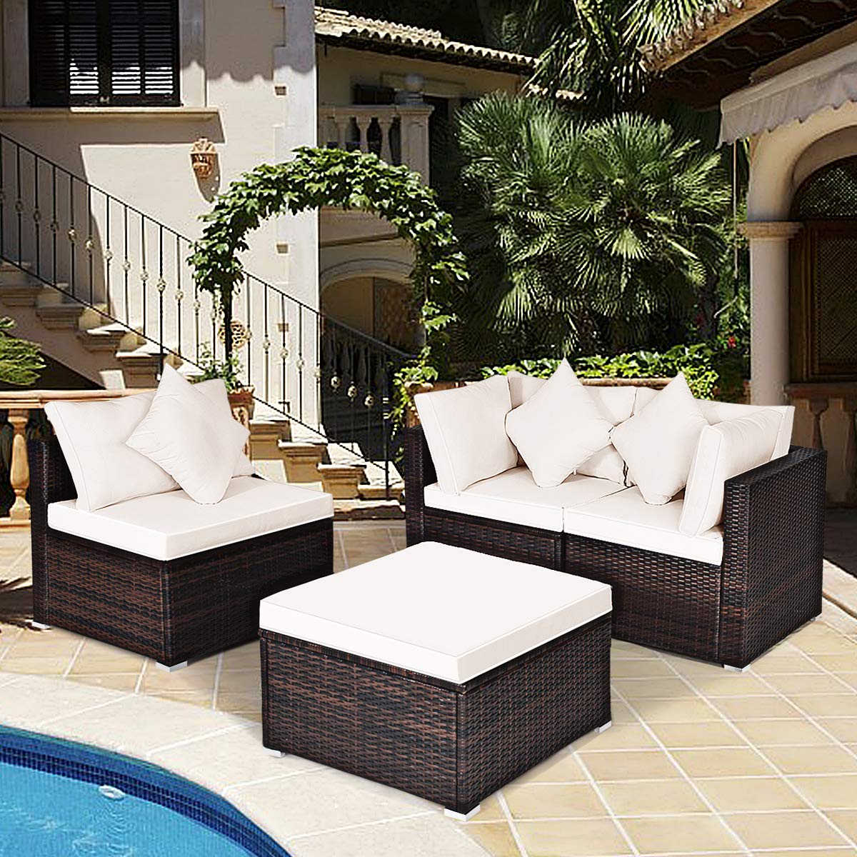 HAPPYGRILL 4-Piece Outdoor Patio Furniture Set - Rattan Wicker Conversation Sofa with Ottoman, Cushions & Pillows - Garden, Lawn, Balcony, Backyard Furniture for Relaxing & Entertaining